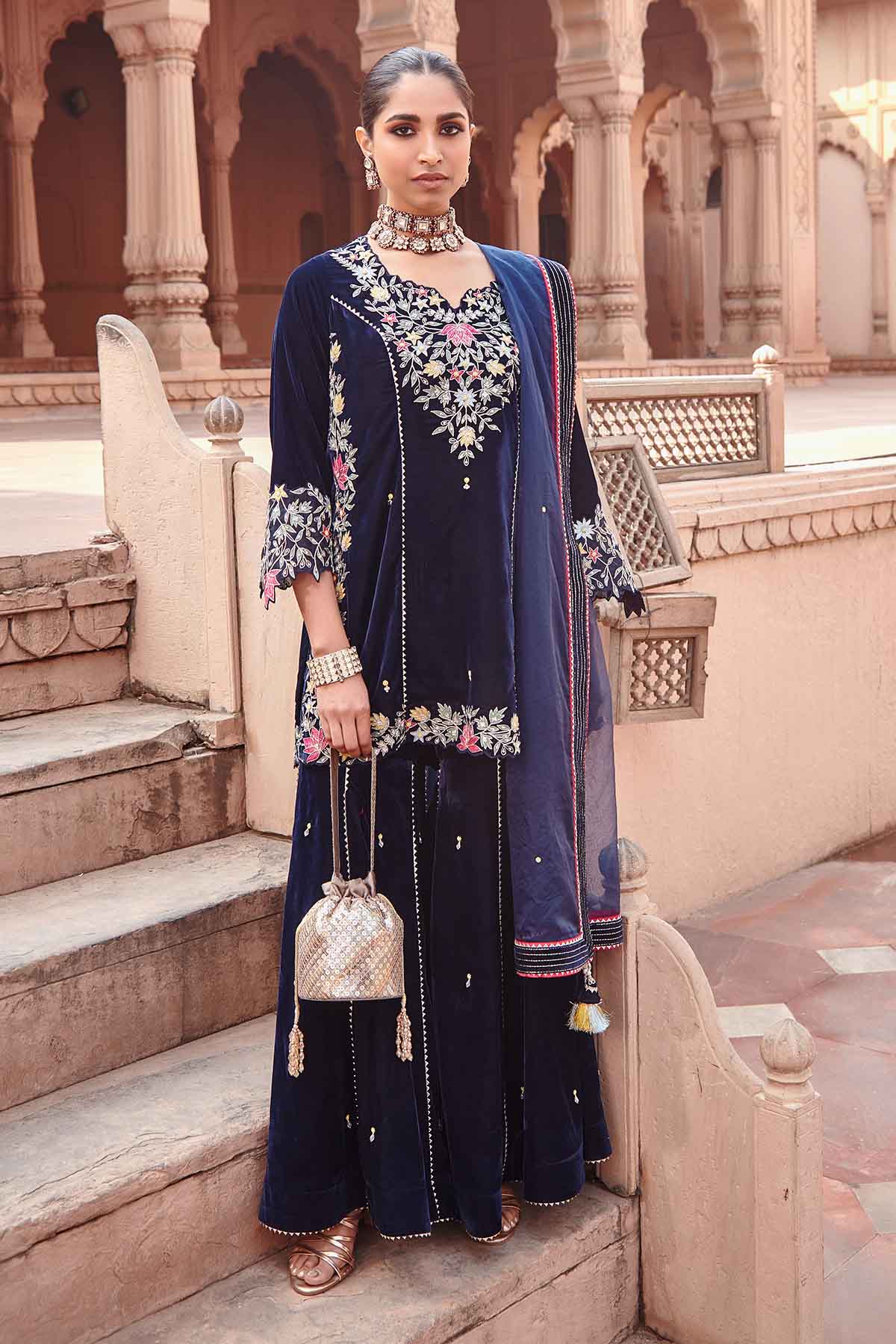 Buy Navy Blue Embroidered Garara Set by Ajiesh Oberoi for women online at ScrollnShops