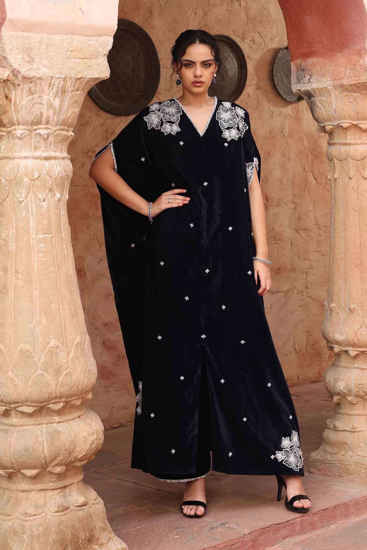 Navy Blue Embroidered Kaftan Set