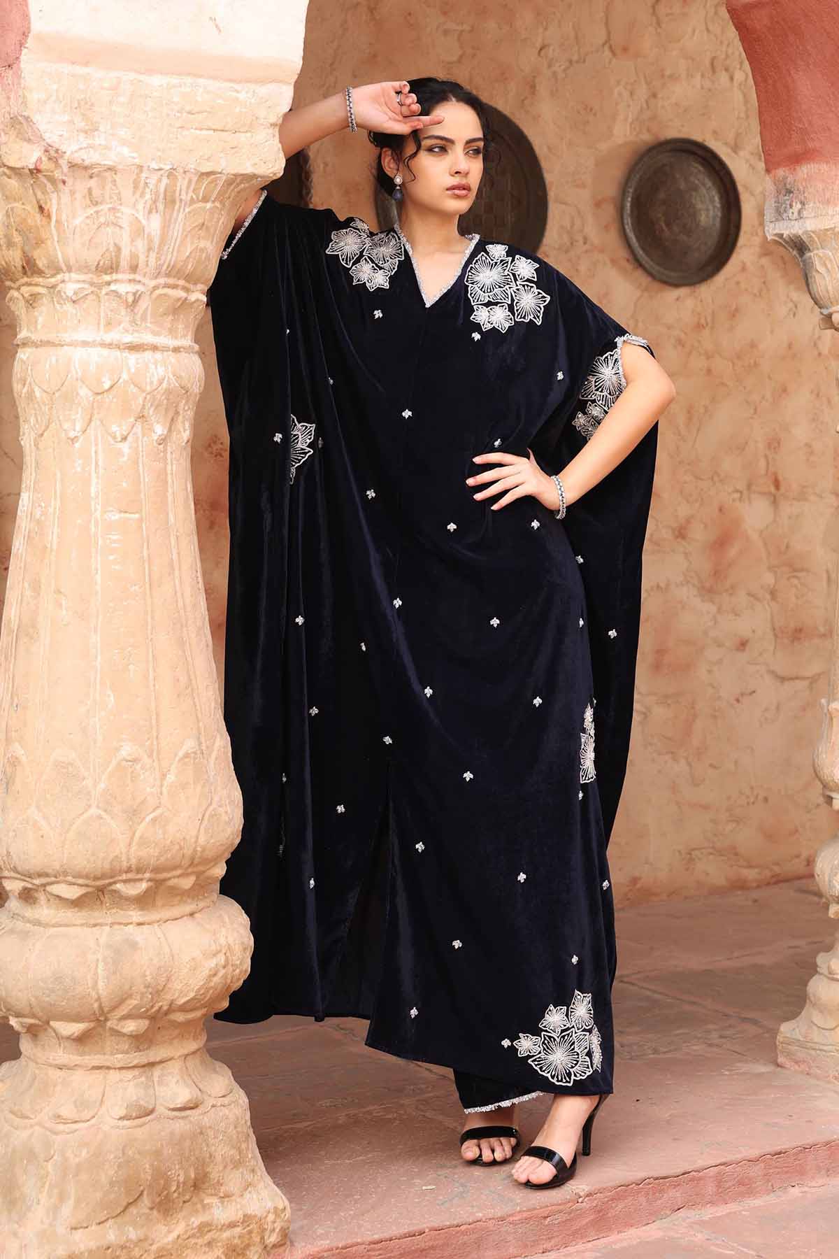Navy Blue Embroidered Kaftan Set