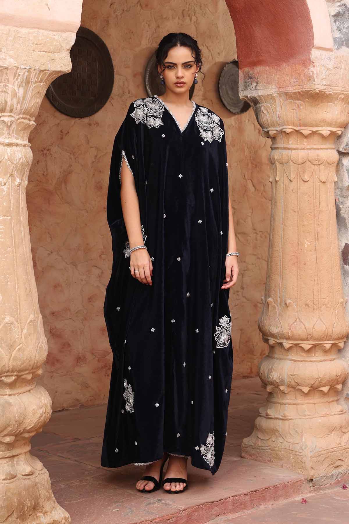 Buy Navy Blue Embroidered Kaftan Set Online