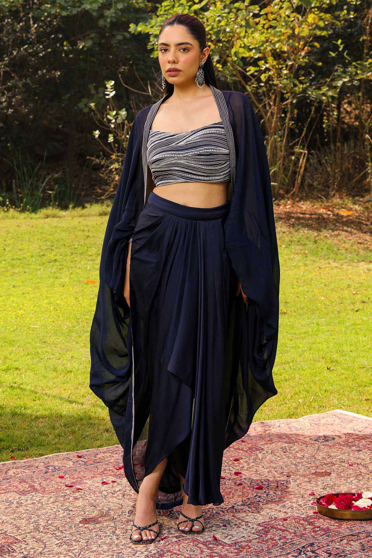 Buy Navy Blue Embroidered Skirt Set Online