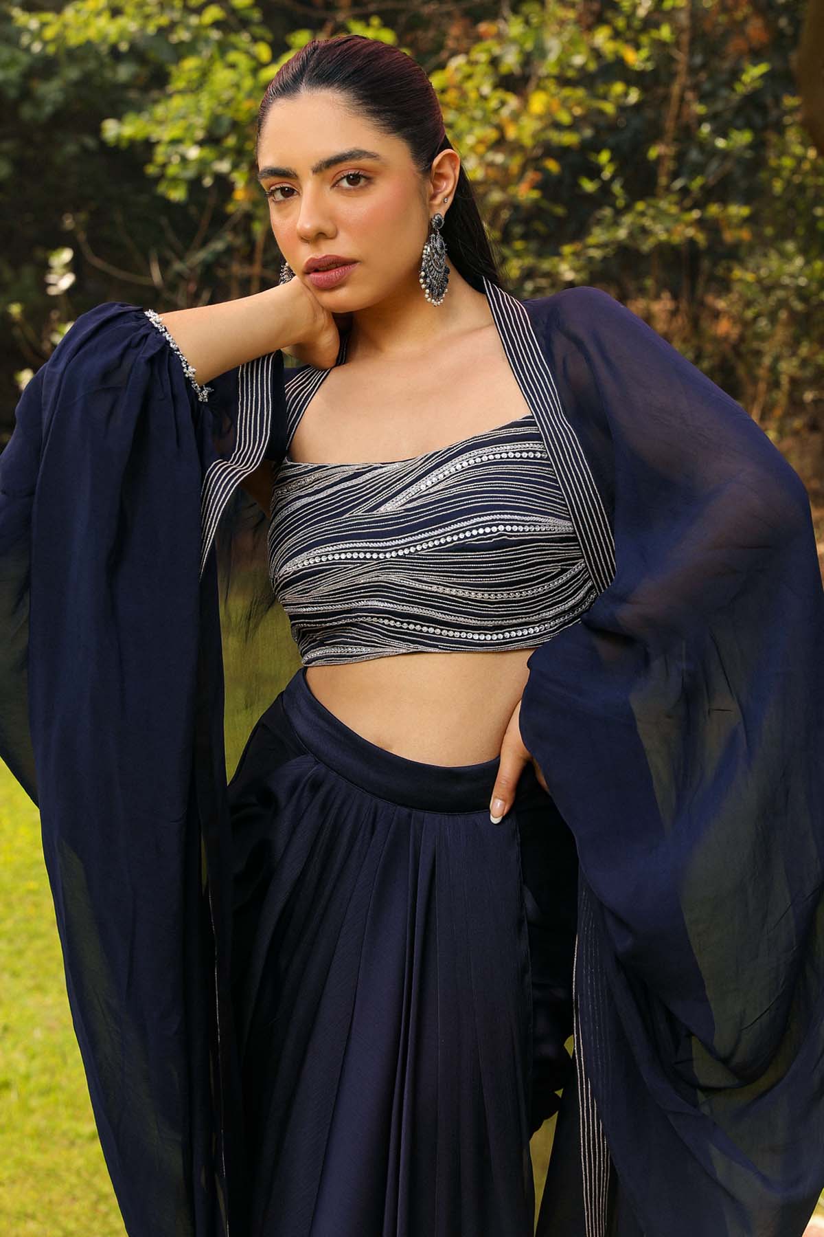 Navy Blue Embroidered Skirt Set