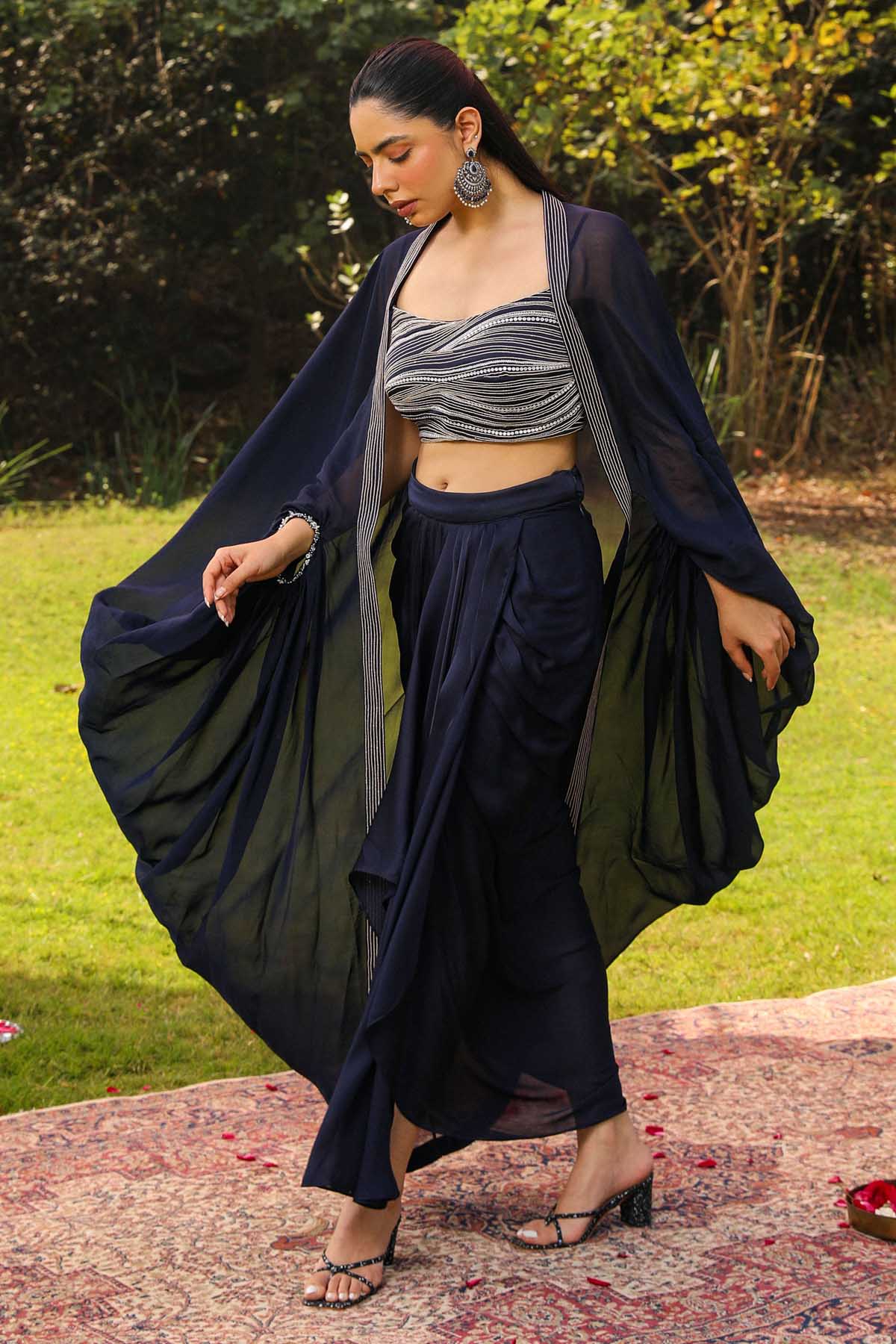 Navy Blue Embroidered Skirt Set