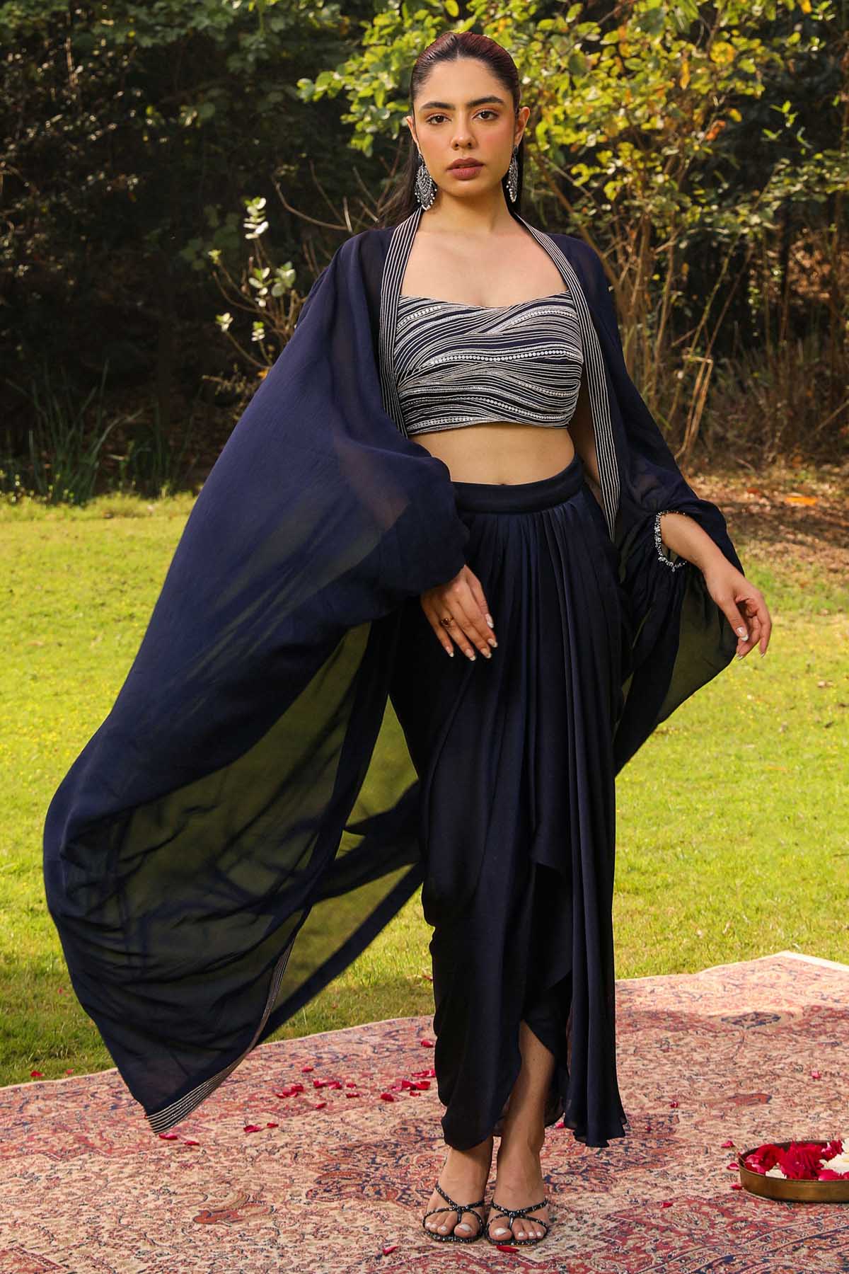 Navy Blue Embroidered Skirt Set