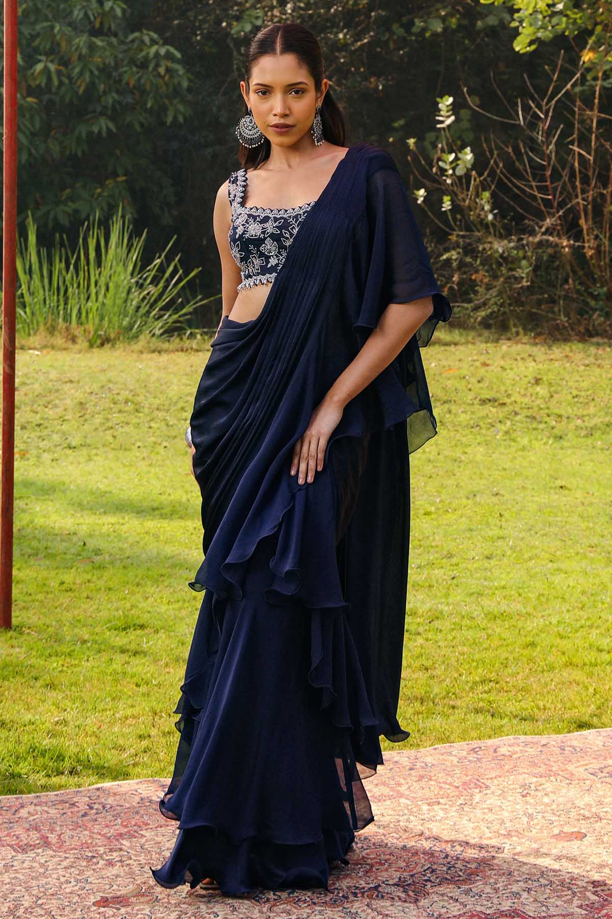 Ajiesh Oberoi Navy Blue Frill Pre-Drape Saree for women online at ScrollnShops