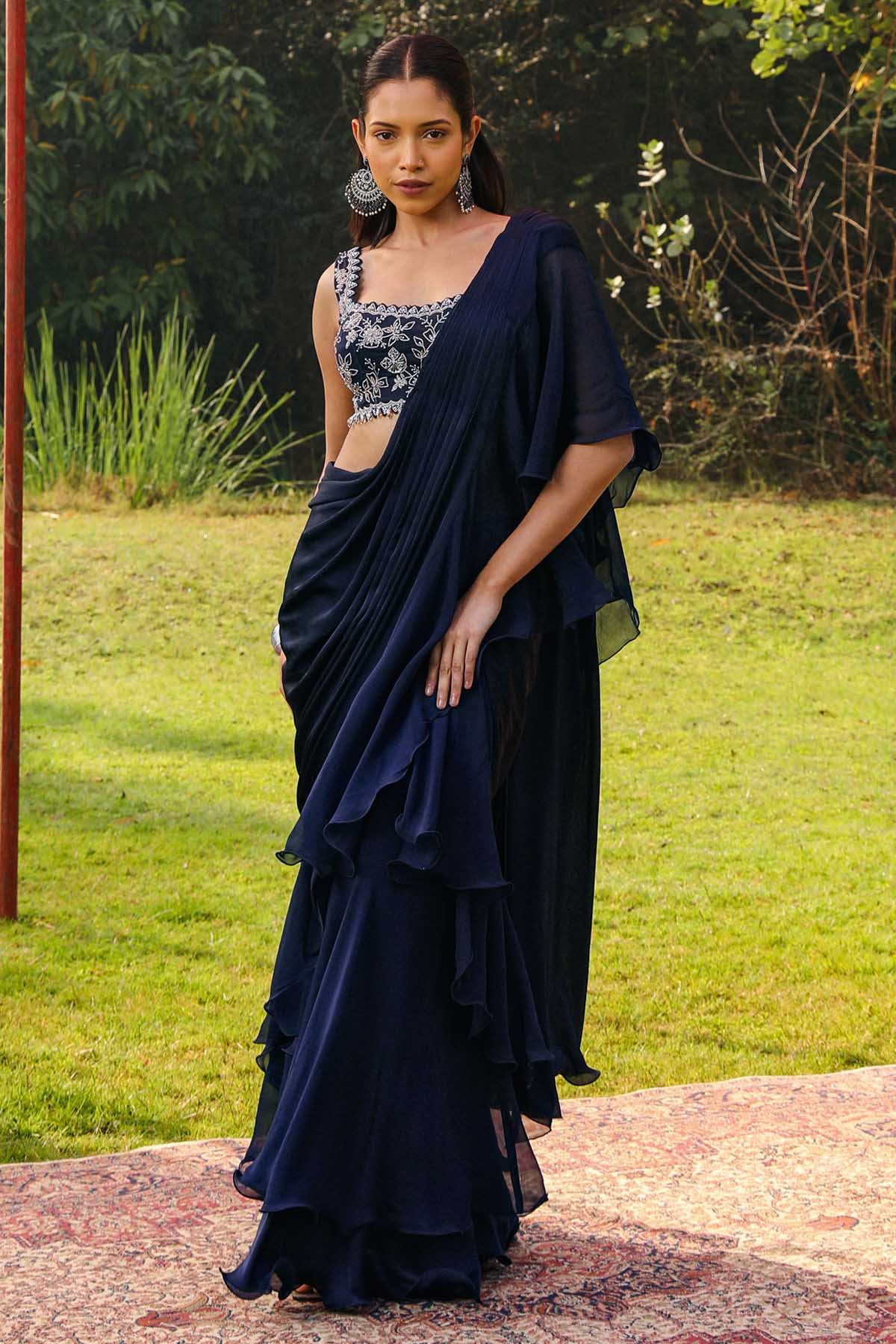 Buy Navy Blue Frill Pre-Drape Saree Online