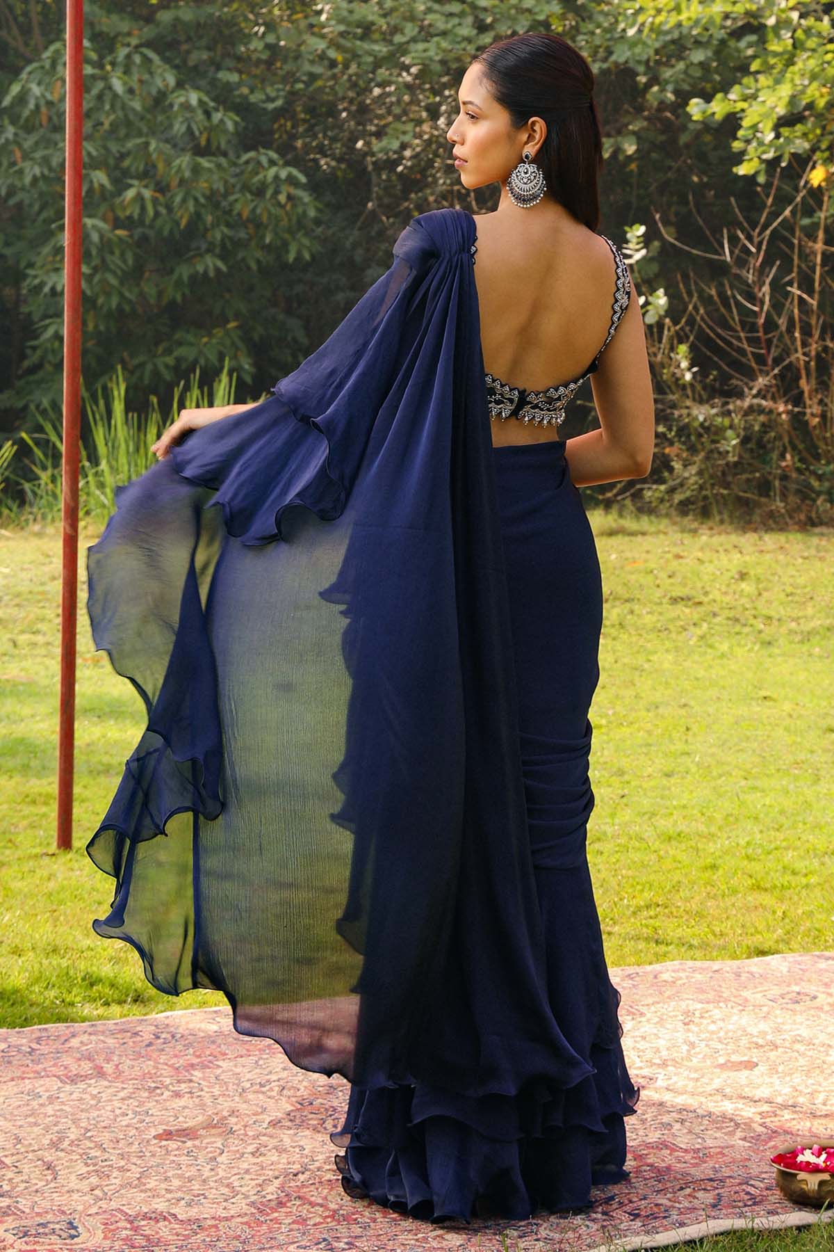 Navy Blue Frill Pre-Drape Saree