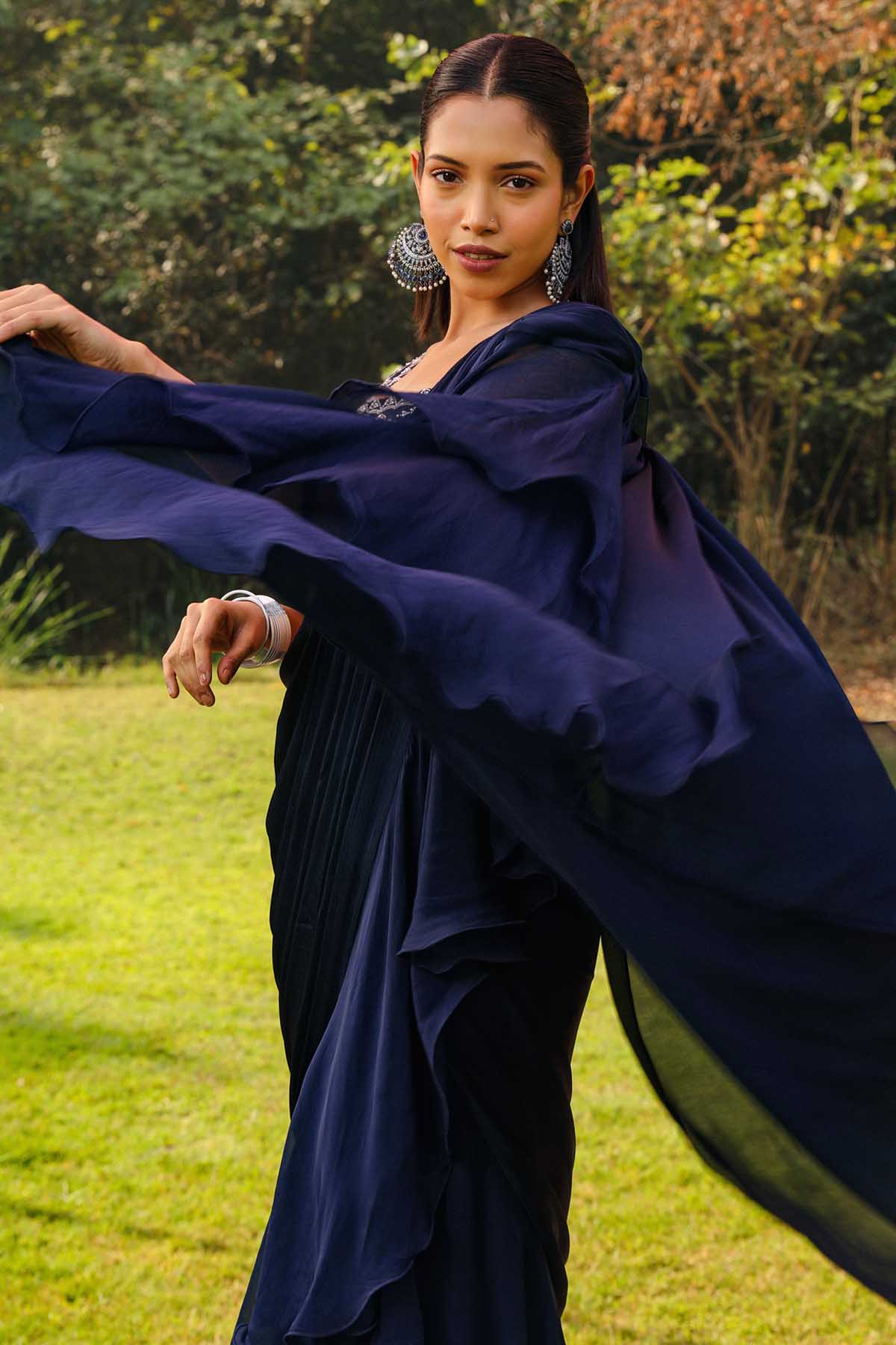 Navy Blue Frill Pre-Drape Saree