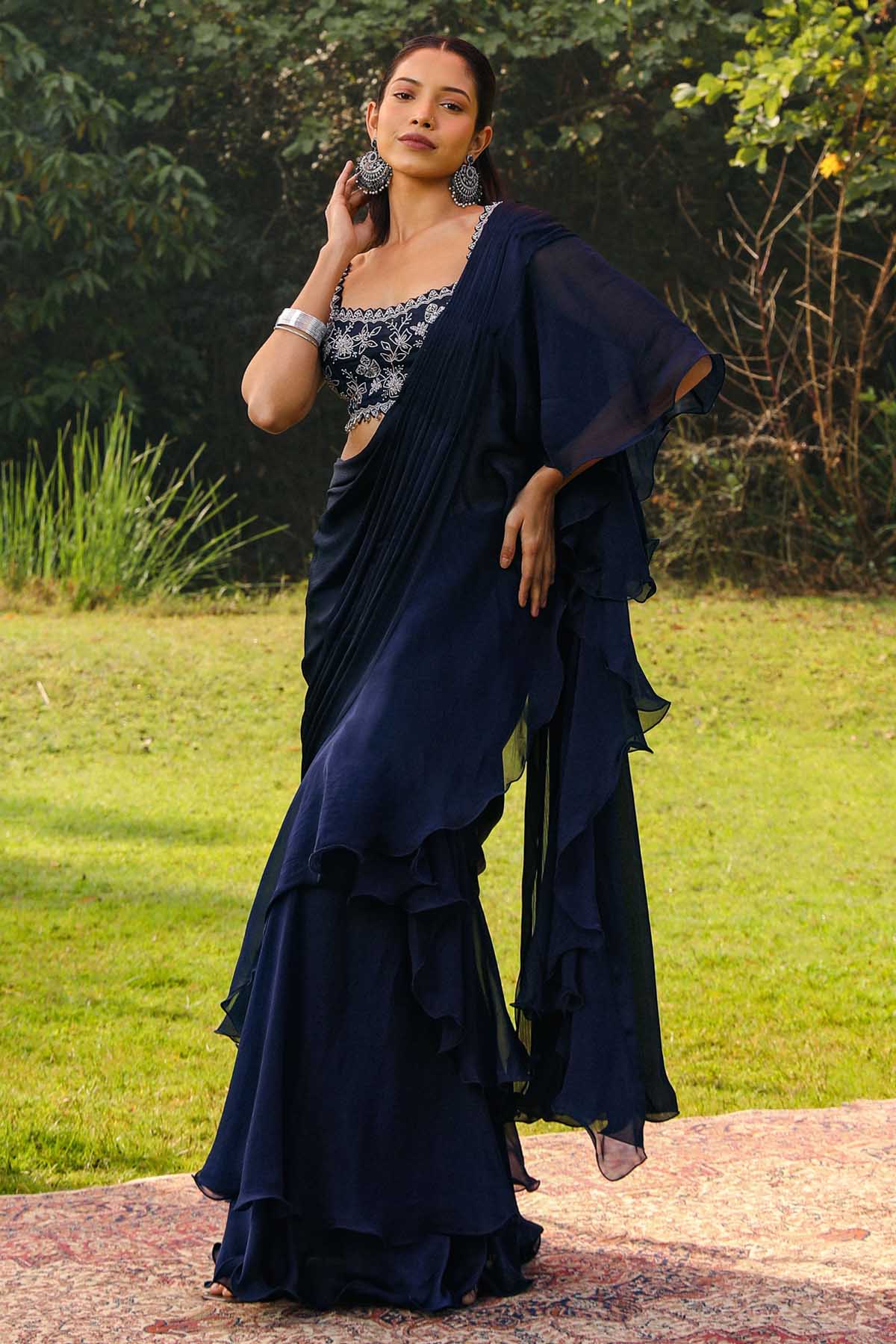 Navy Blue Frill Pre-Drape Saree