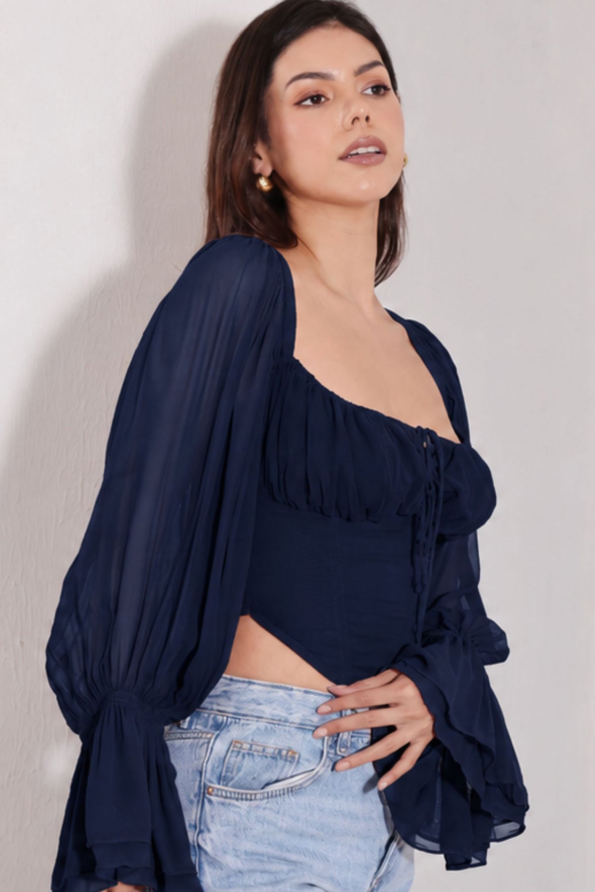Navy Blue Frilled Sleeves Top