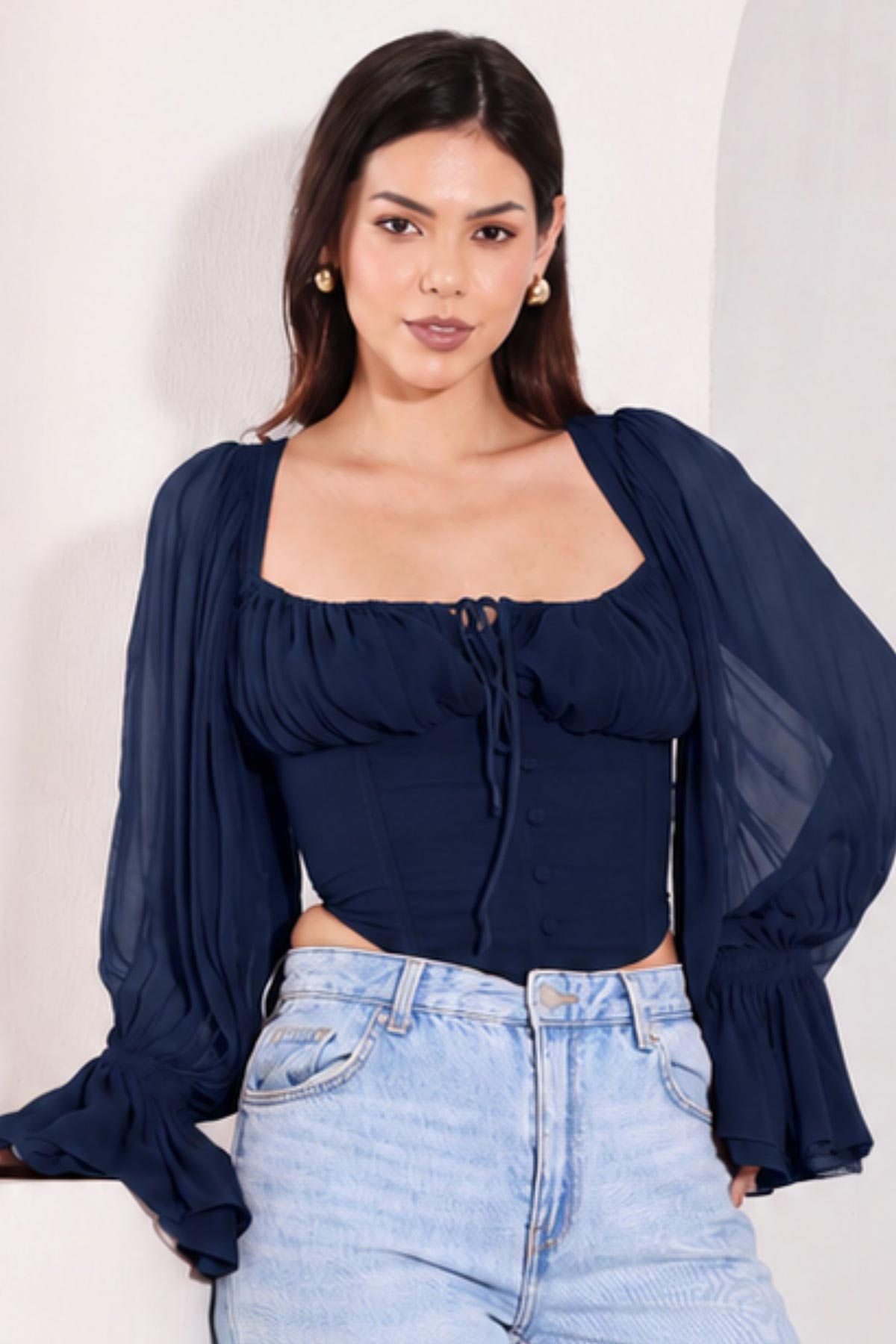Buy Navy Blue Frilled Sleeves Top for women by Seoraa online available at scrollnshops