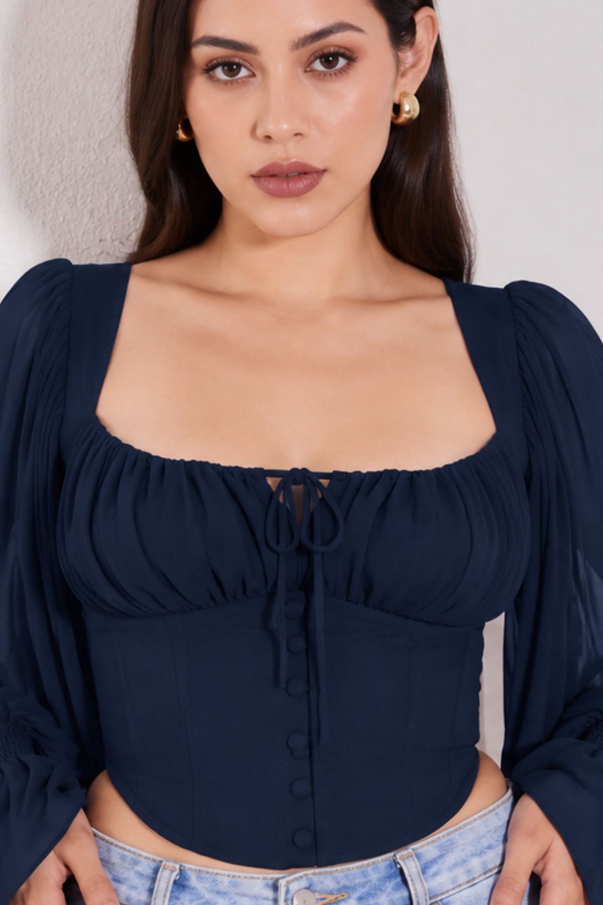 Navy Blue Frilled Sleeves Top