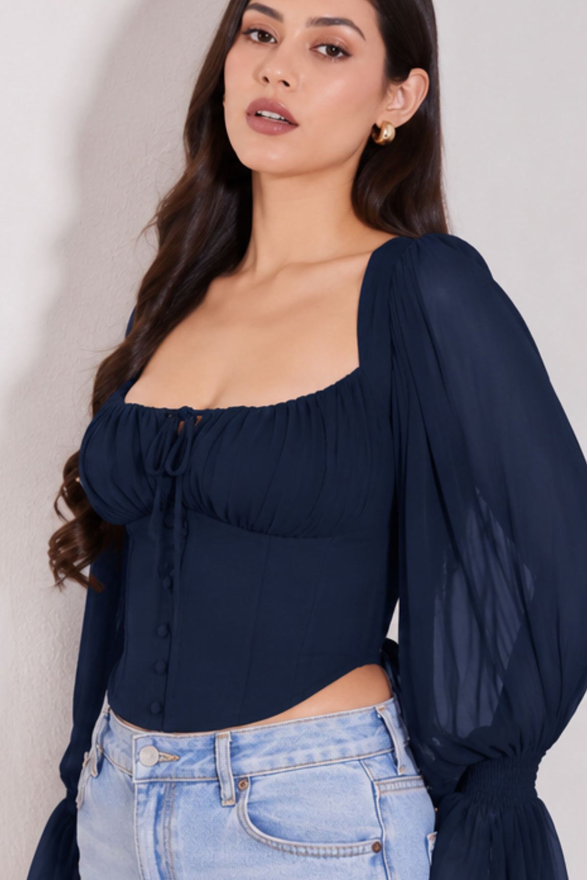 Navy Blue Frilled Sleeves Top