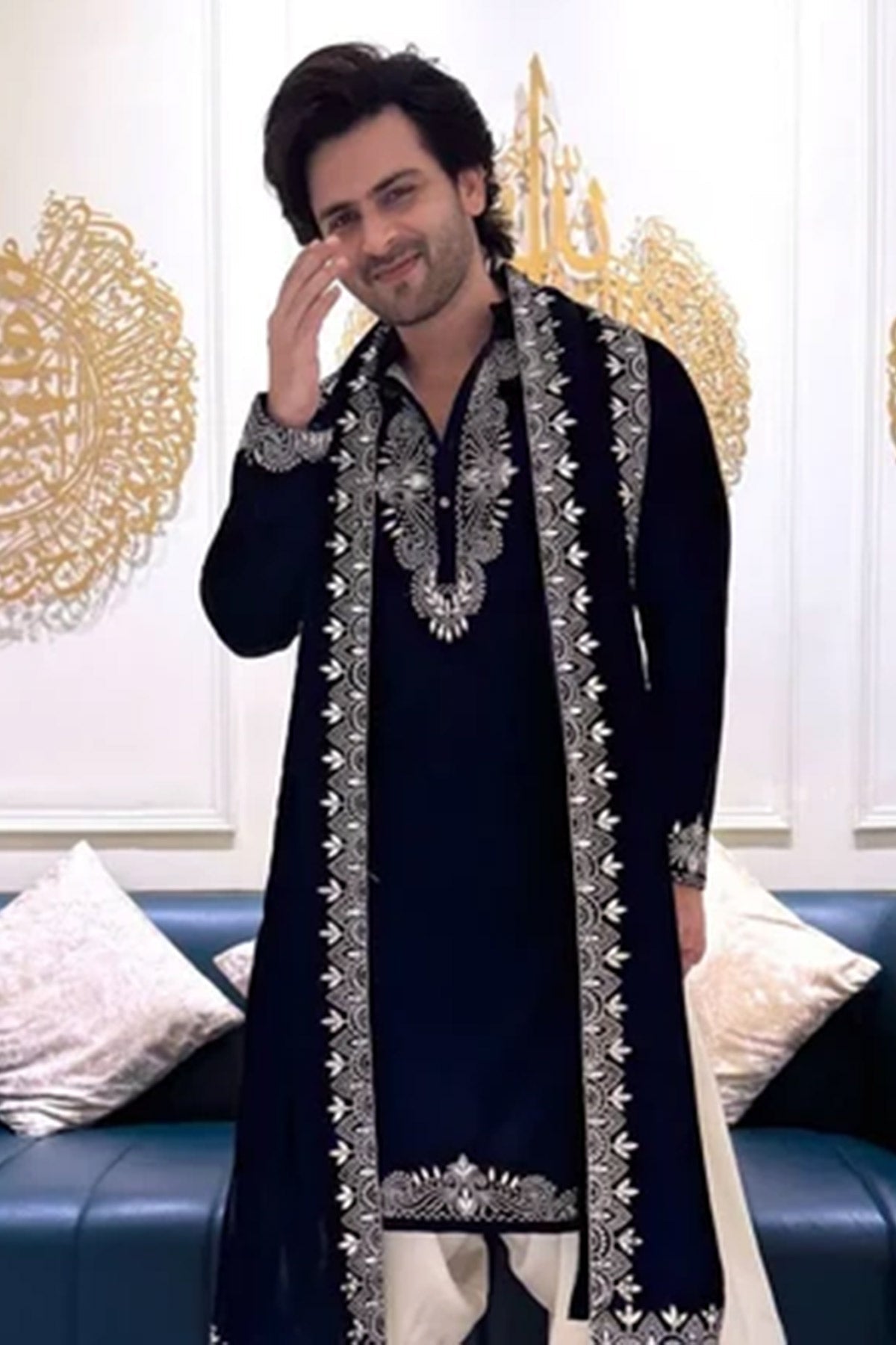 Buy Navy Blue Gaji Embroidery Kurta for men by Aastha Fashion online available at scrollnshops