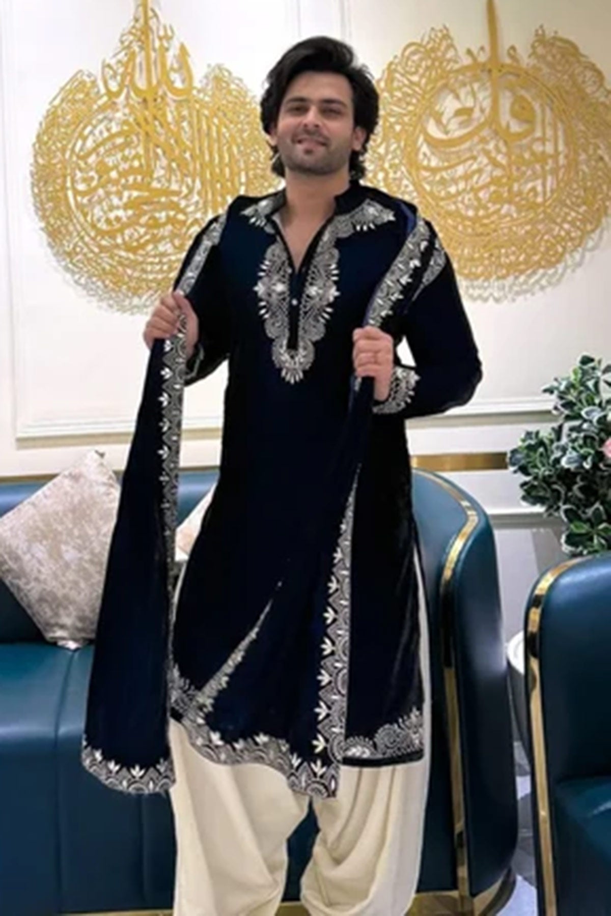Navy Blue Gaji Embroidery Kurta