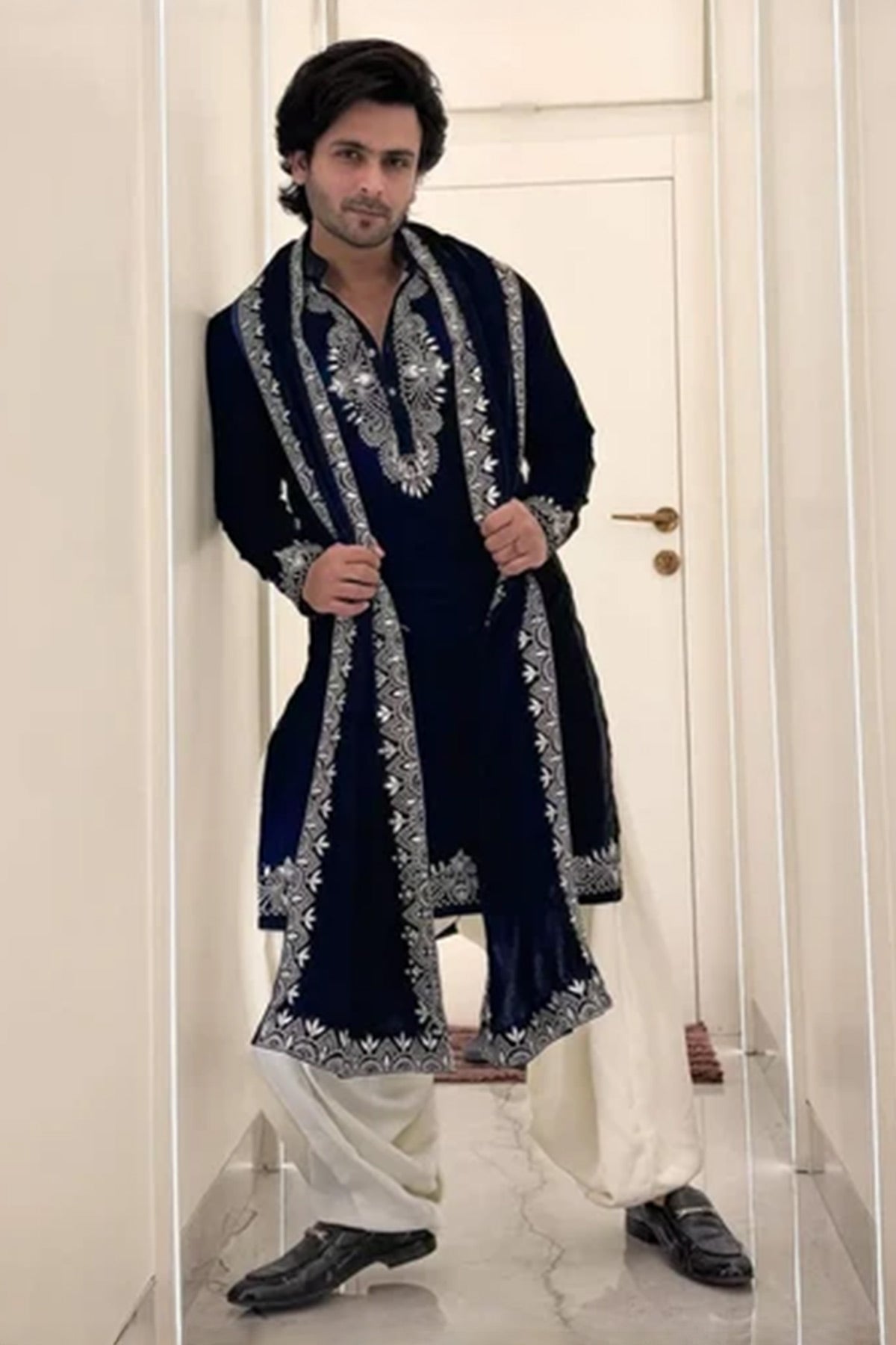 Navy Blue Gaji Embroidery Kurta
