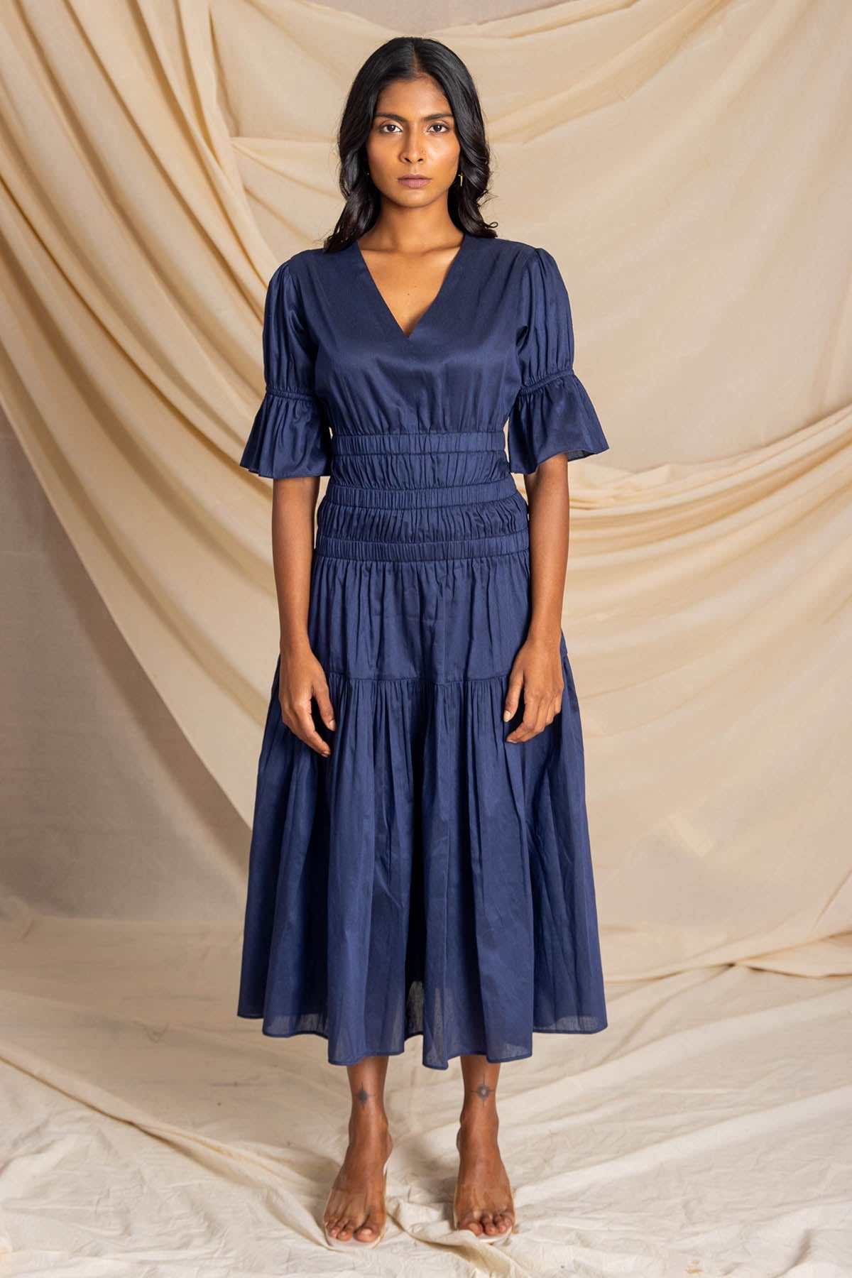 Buy Label J Navy Blue Gathered Dress at ScrollnShops