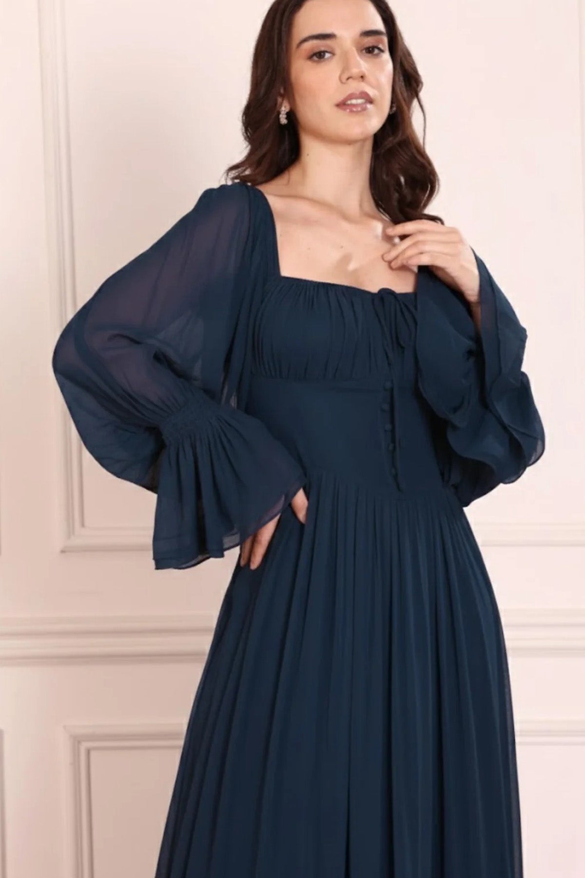 Navy Blue Gathered Maxi Dress