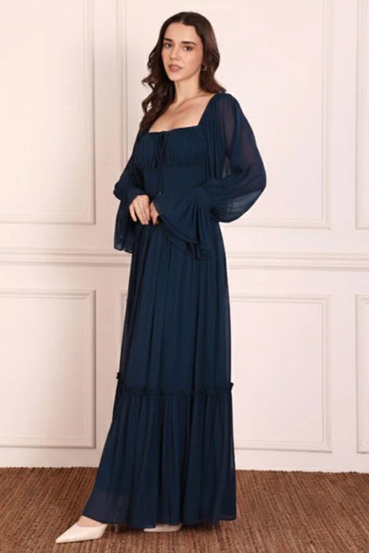 Buy Navy Blue Gathered Maxi Dress for women by Seoraa online available at scrollnshops