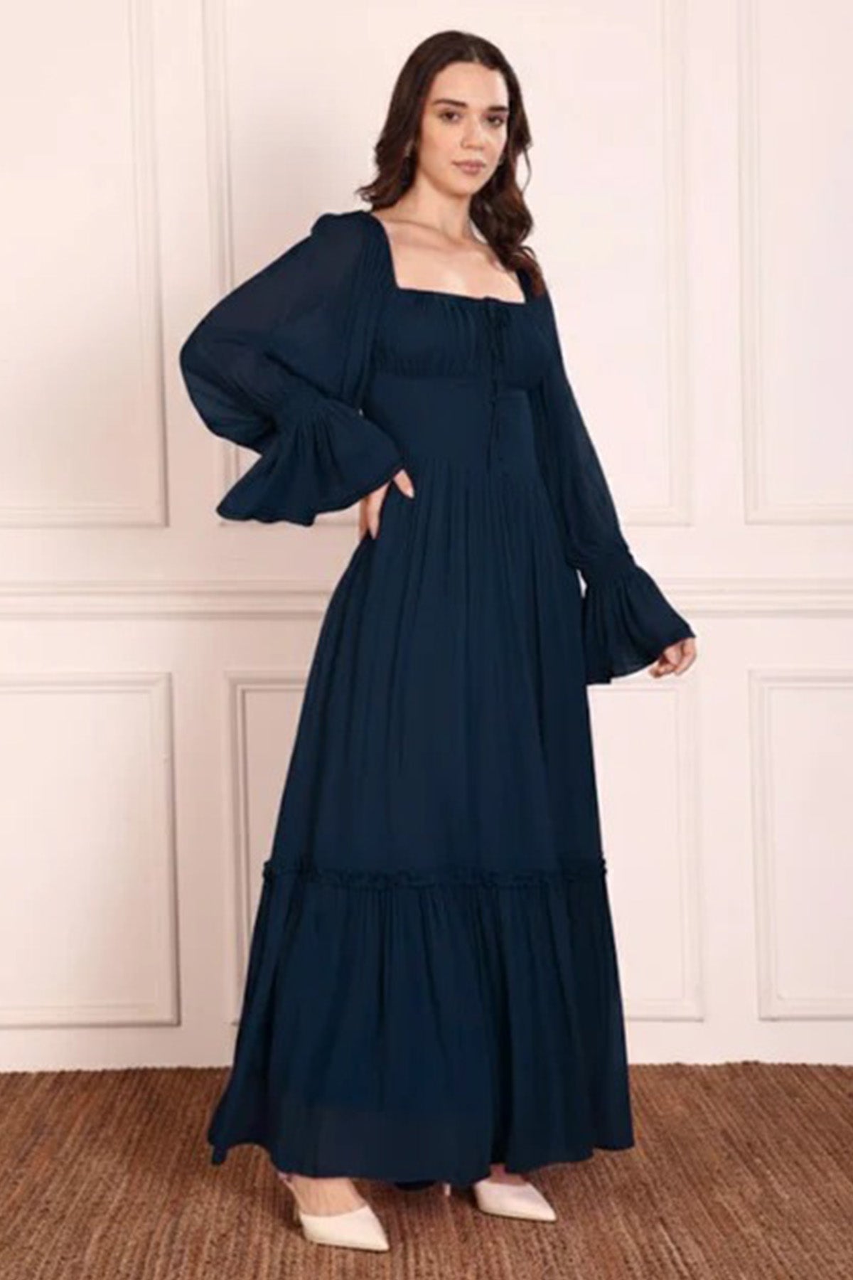 Navy Blue Gathered Maxi Dress
