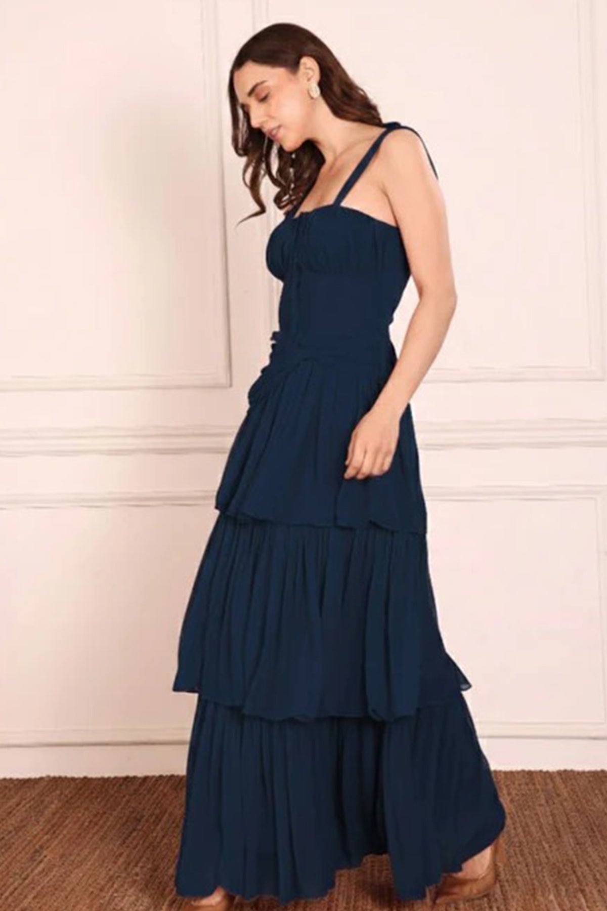 Navy Blue Georgette Frill Dress