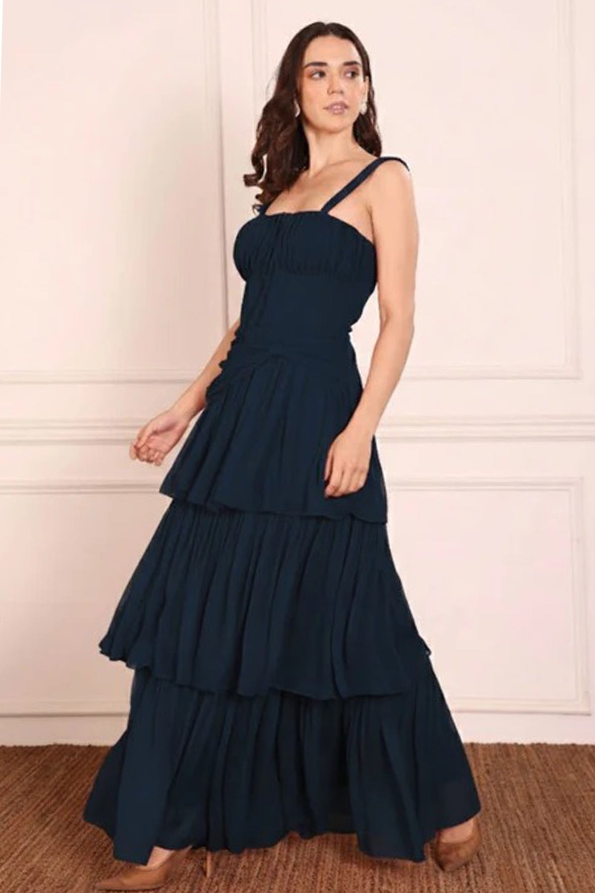 Buy Navy Blue Georgette Frill Dress for women by Seoraa online available at scrollnshops