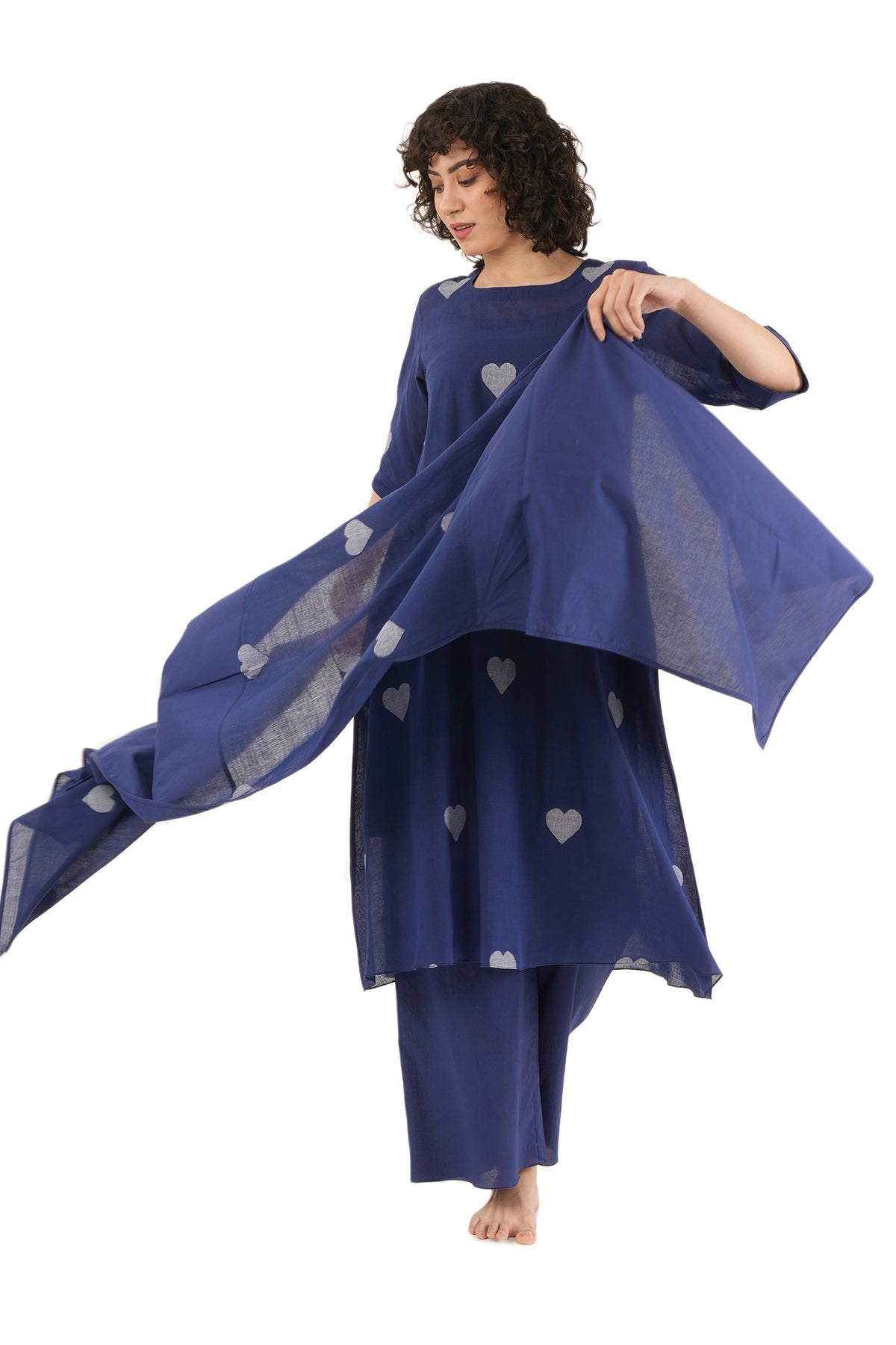 Navy Blue Heart Motif Kurta Set