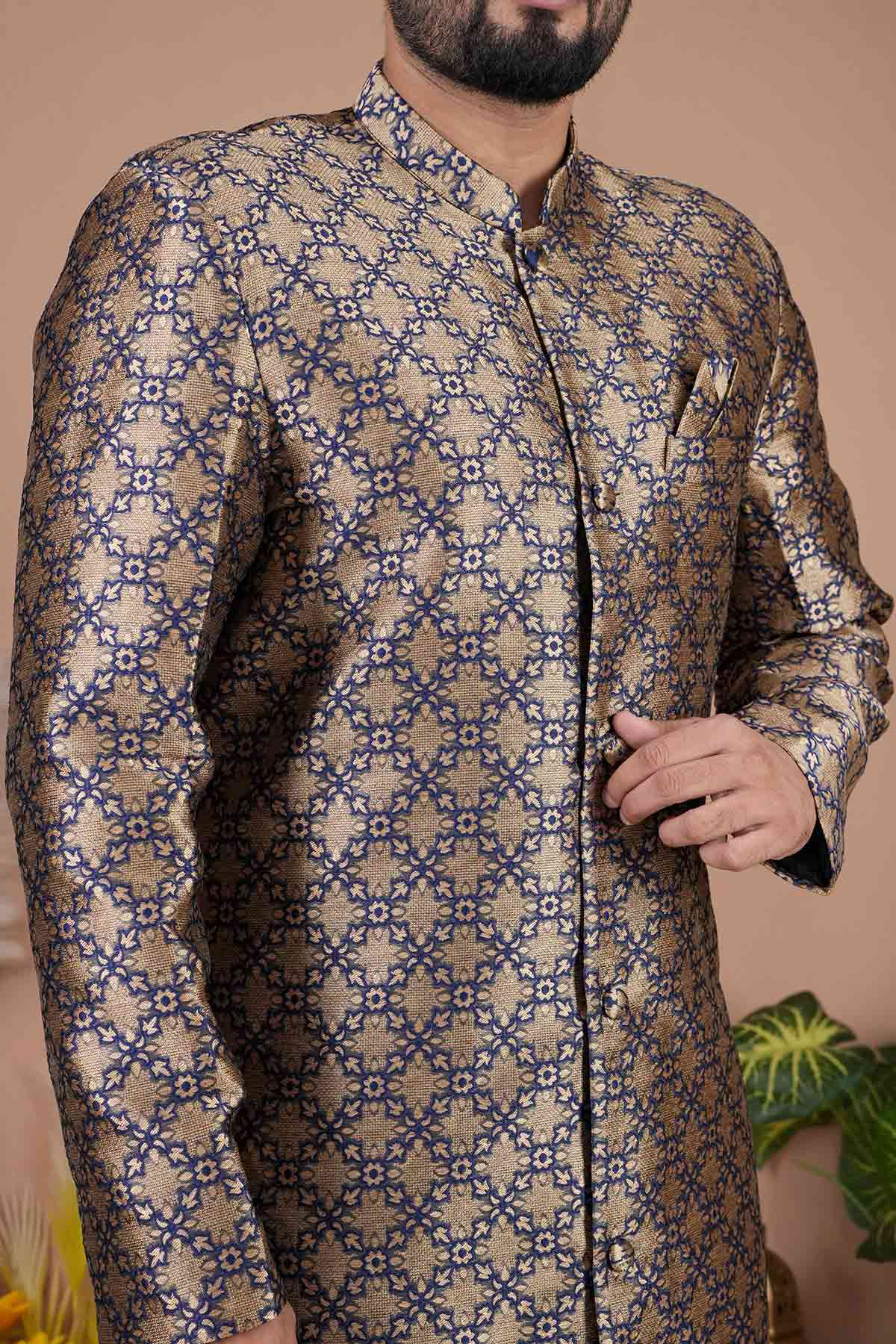 Navy Blue Jacquard Sherwani Set