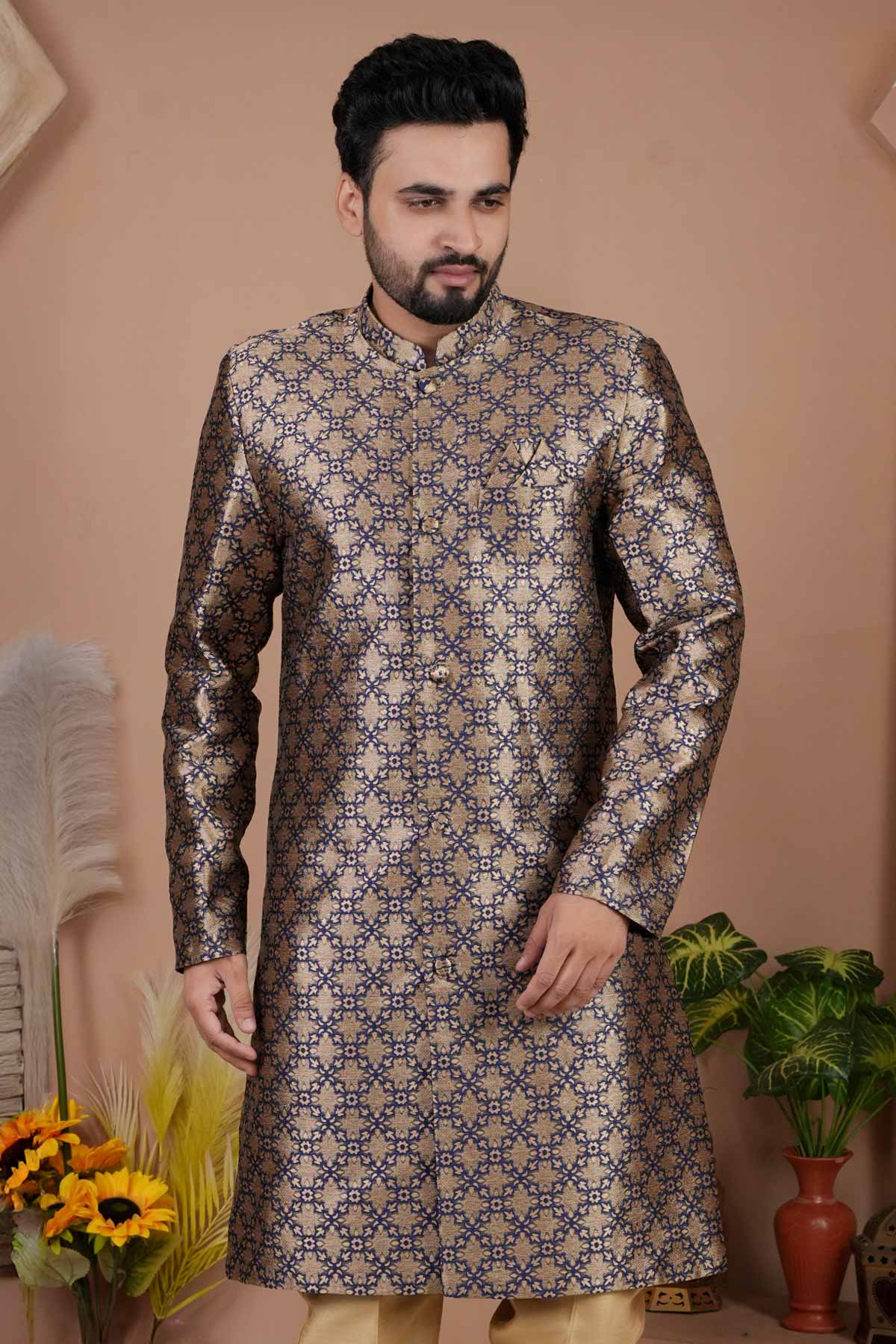 Buy Navy Blue Jacquard Sherwani Set for men by Aastha Fashion online available at scrollnshops