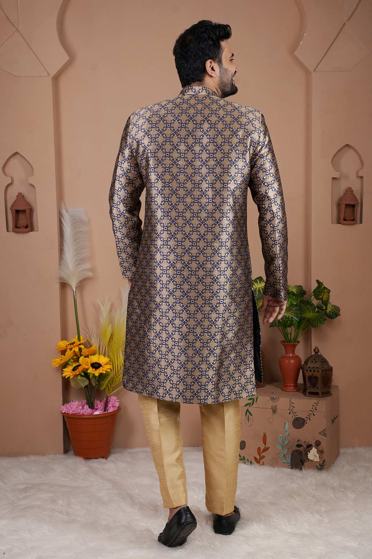 Navy Blue Jacquard Sherwani Set