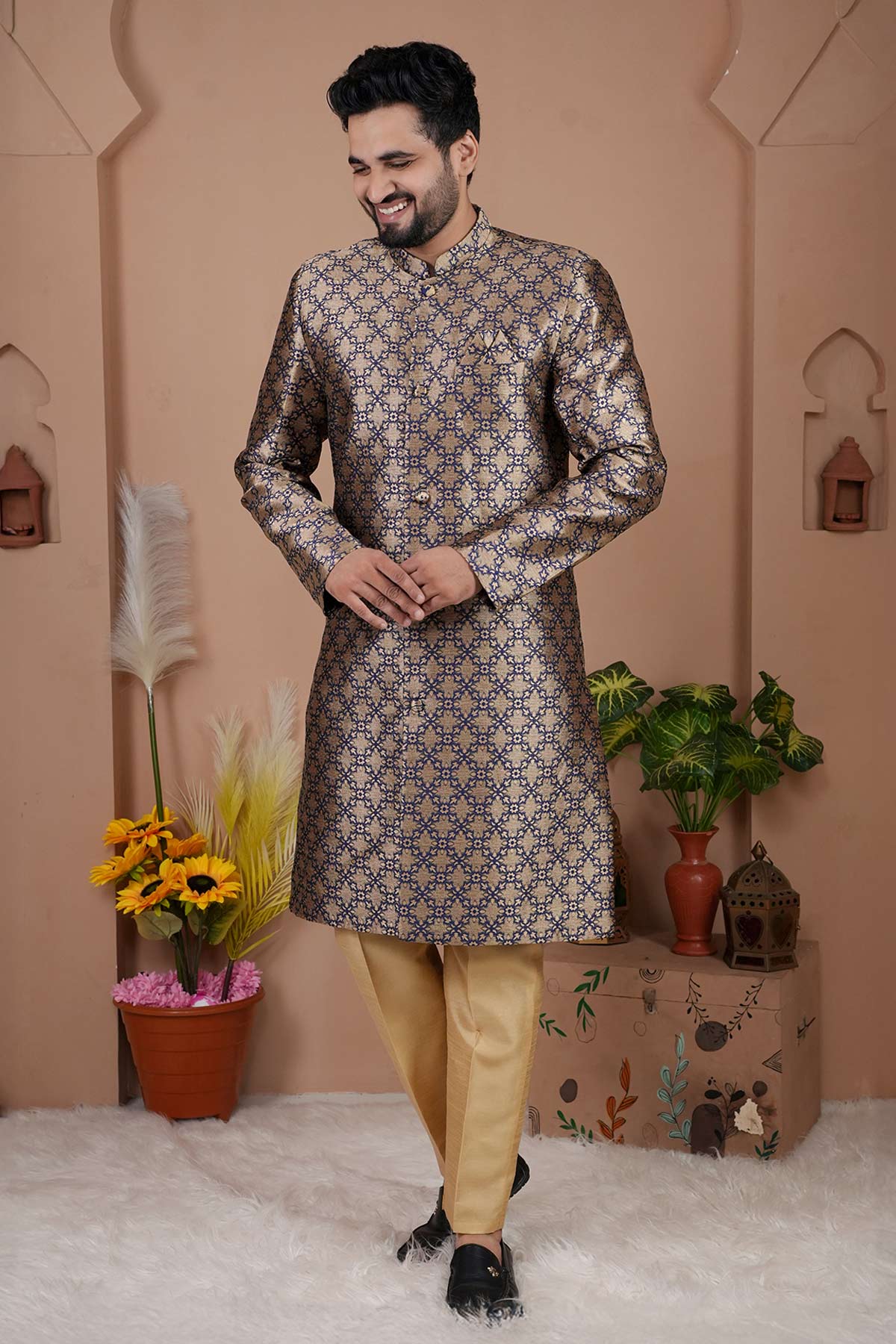 Navy Blue Jacquard Sherwani Set