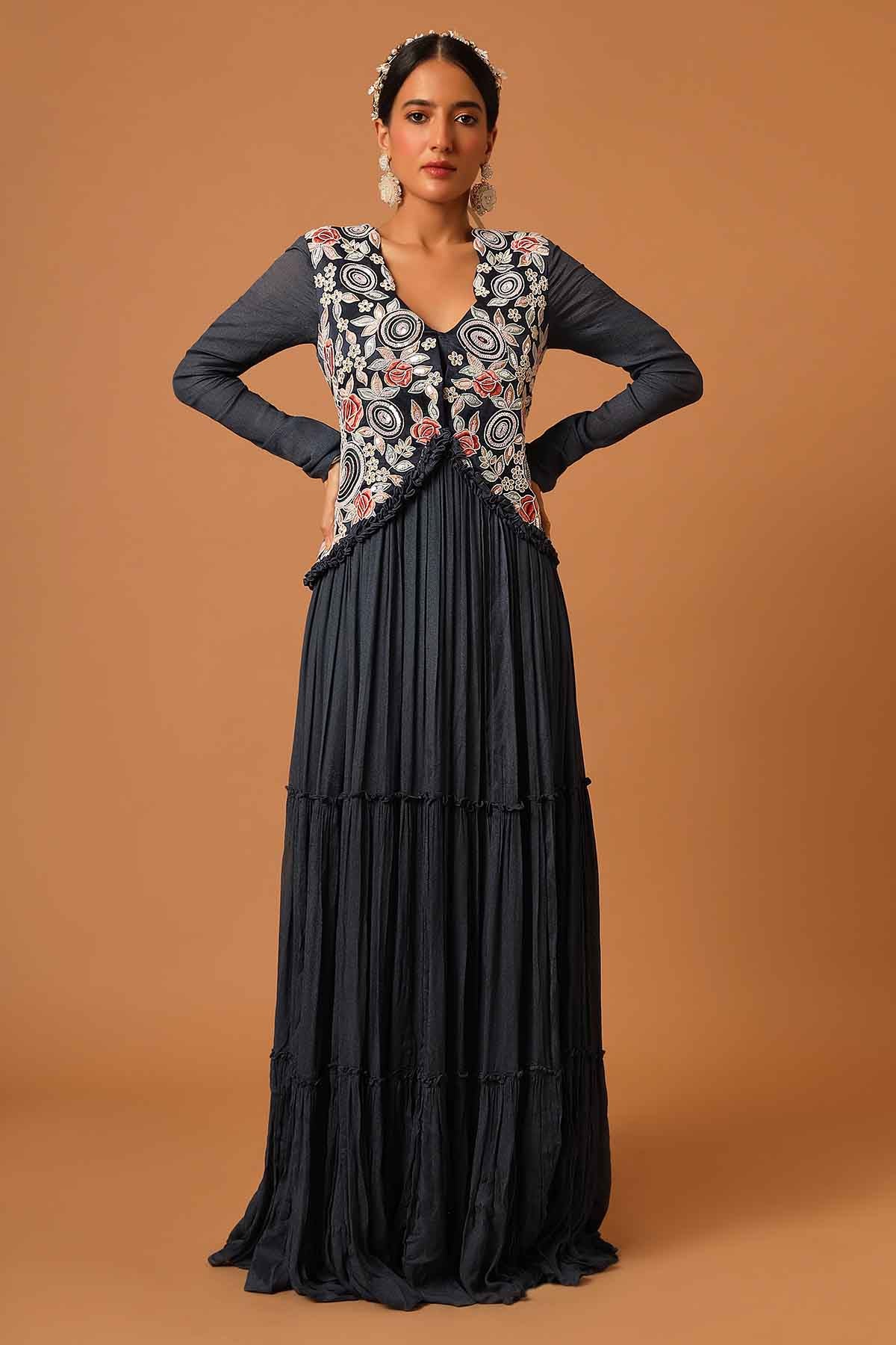 Sejal Kamdar Navy Blue Layered Maxi Dress for women online at ScrollnShops