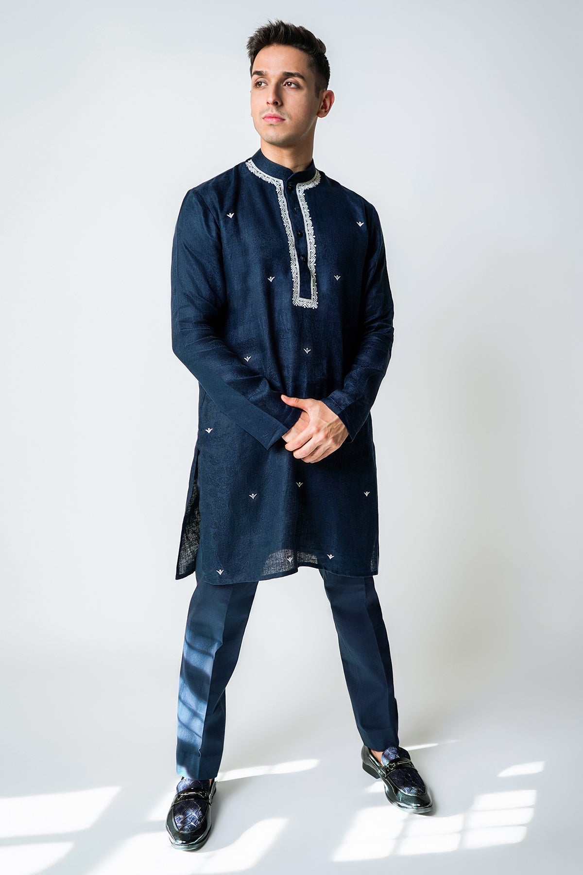 Buy Navy Blue Linen Kurta & Pants for men by House of Sheriff online available at scrollnshops