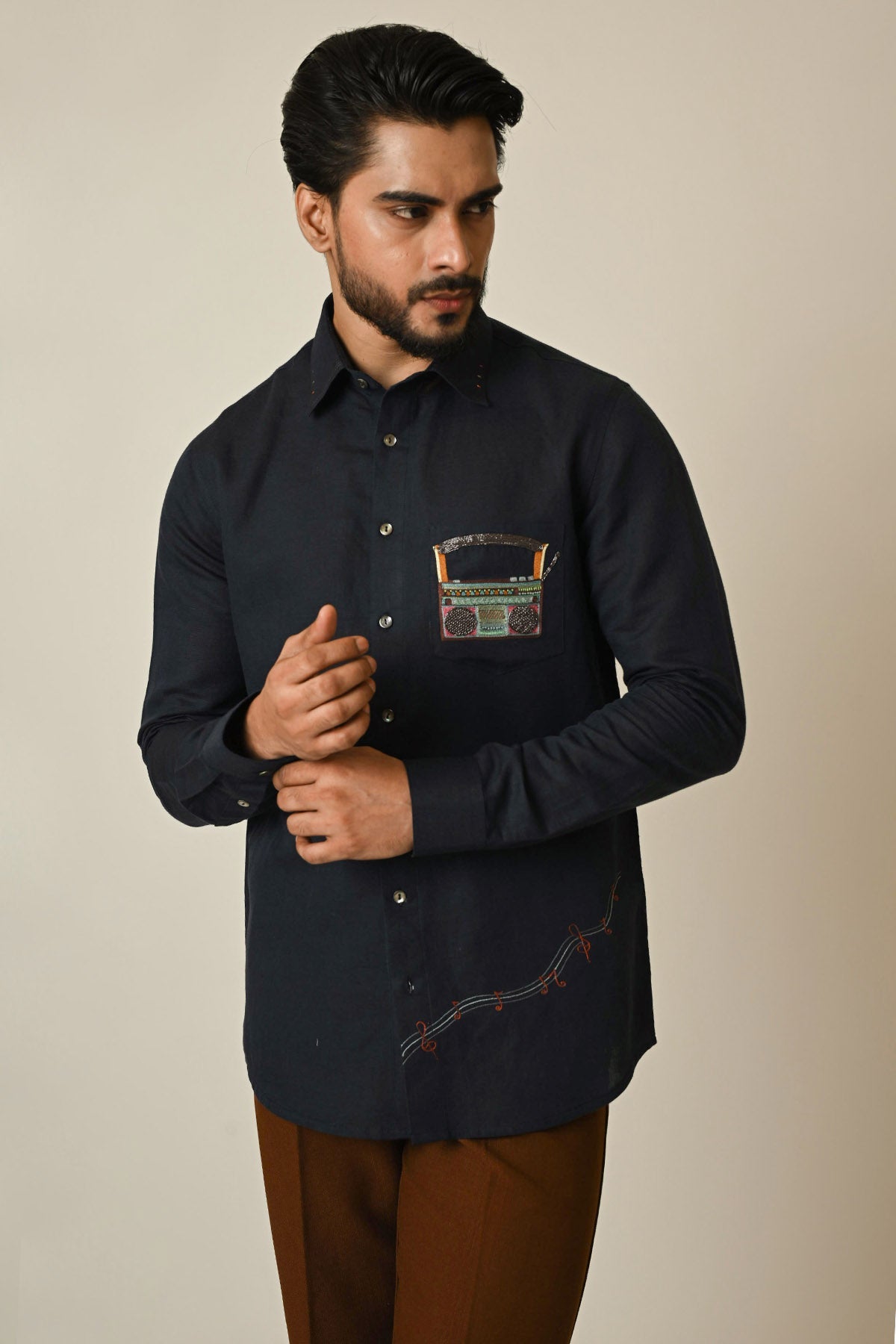 Buy Navy Blue Linen Thread Shirt for men by Paarsh Atelier online available at scrollnshops