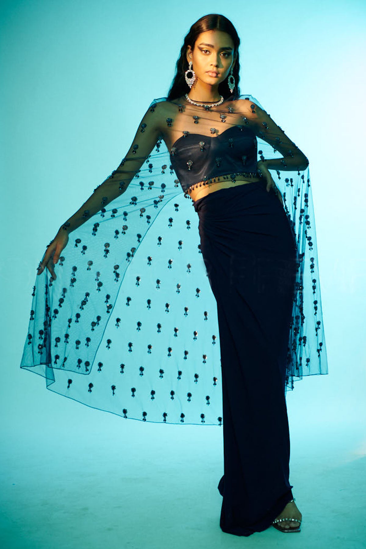 Navy Blue Long Cape & Skirt Set