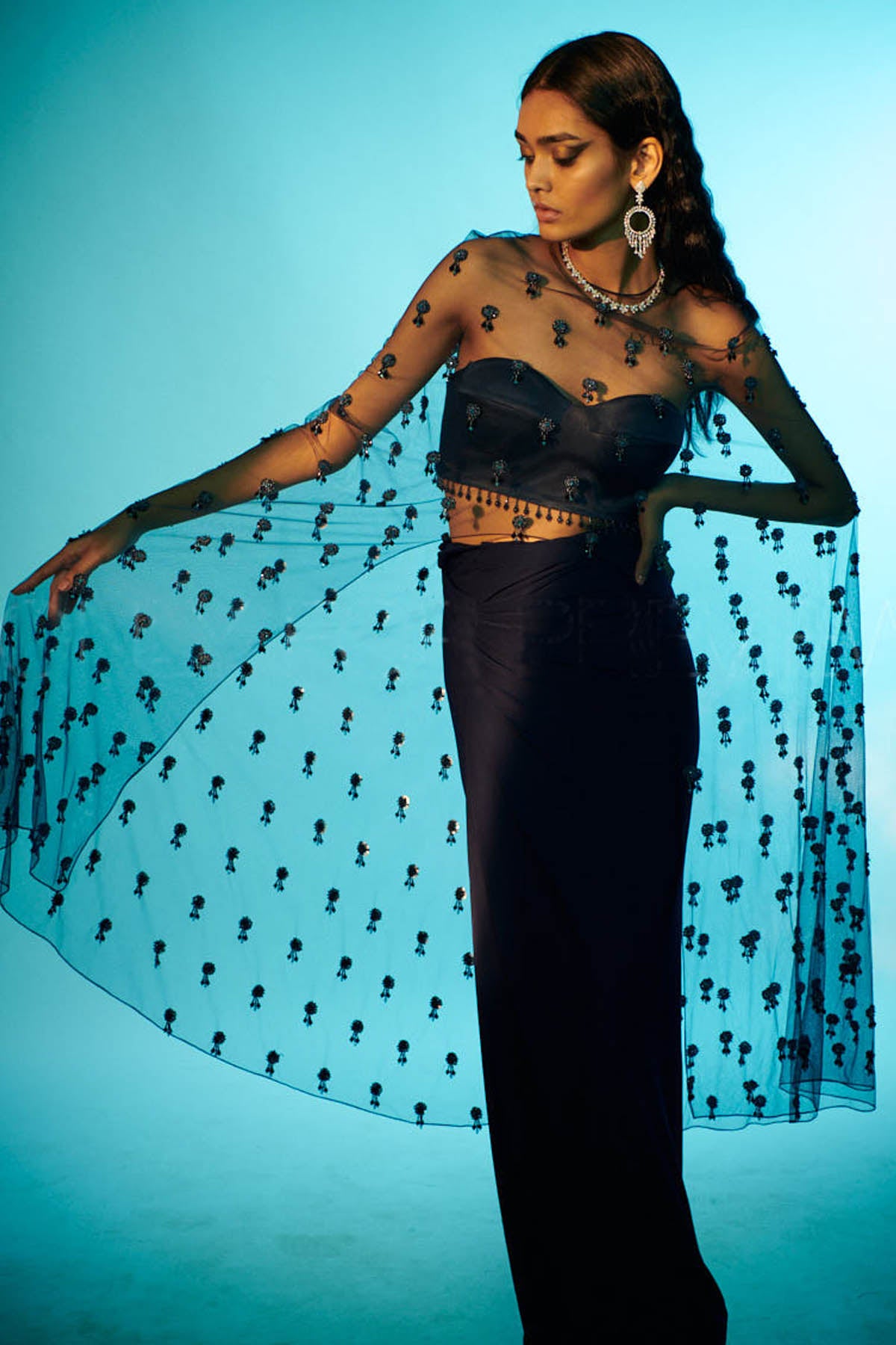 Navy Blue Long Cape & Skirt Set