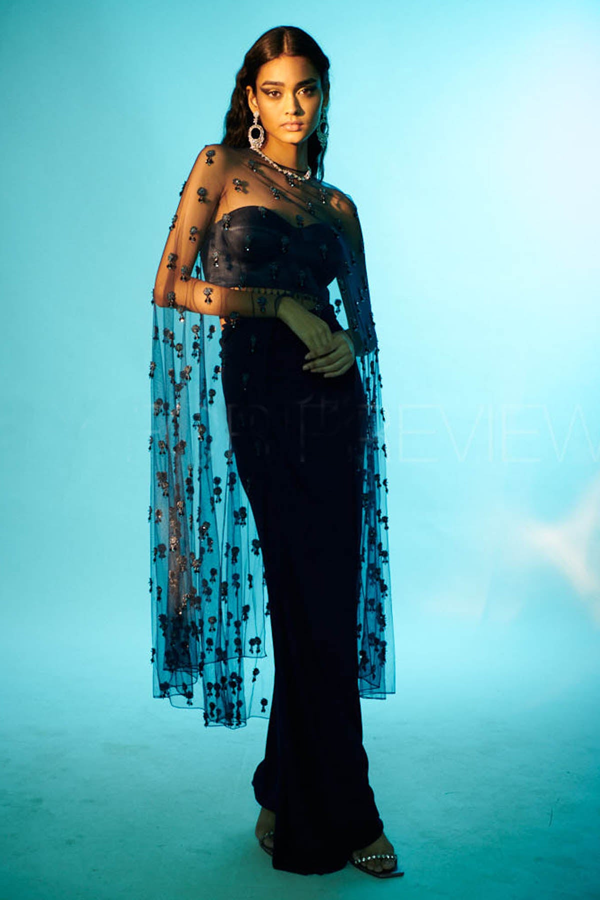 Navy Blue Long Cape & Skirt Set