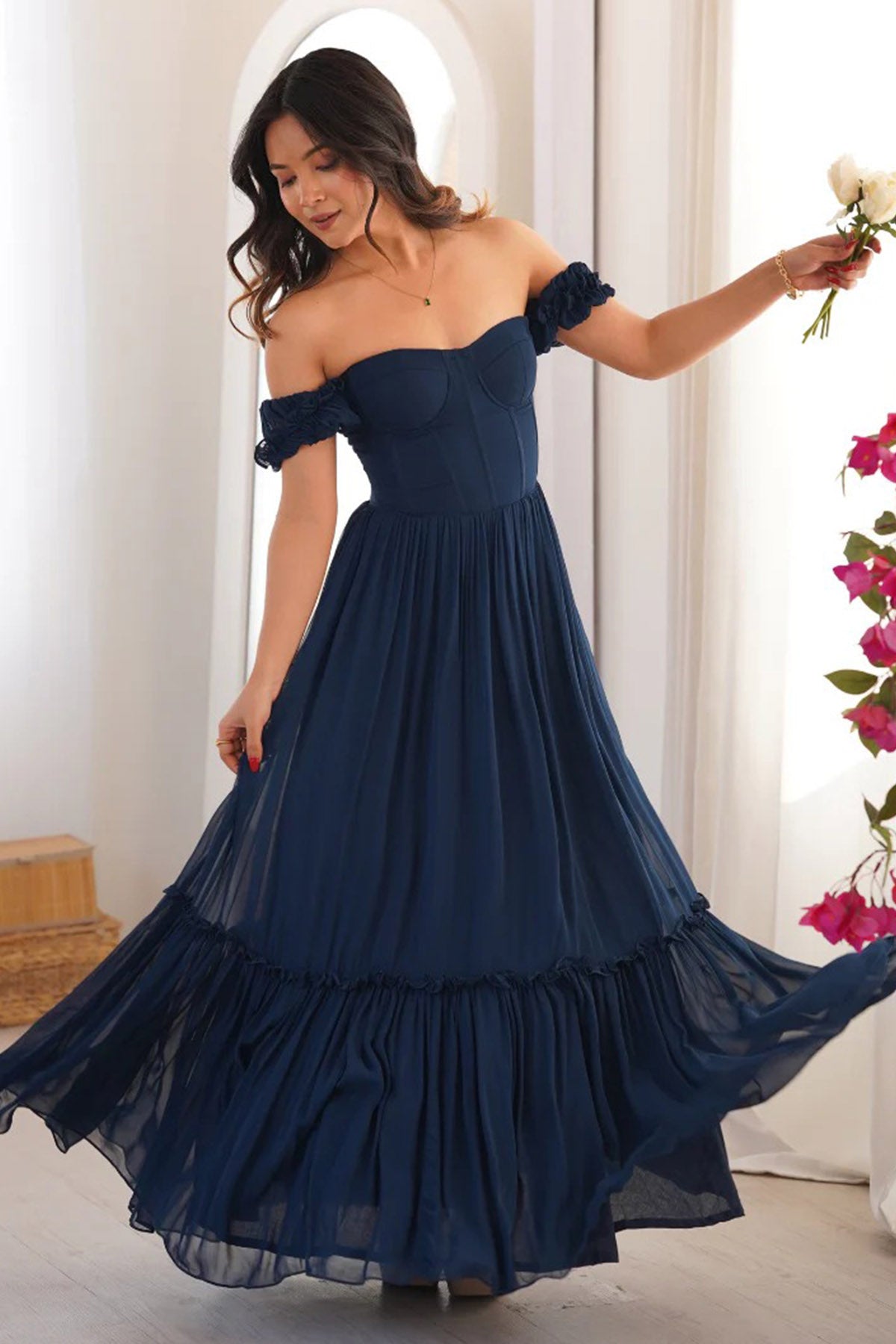 Navy Blue Off Shoulder Dress