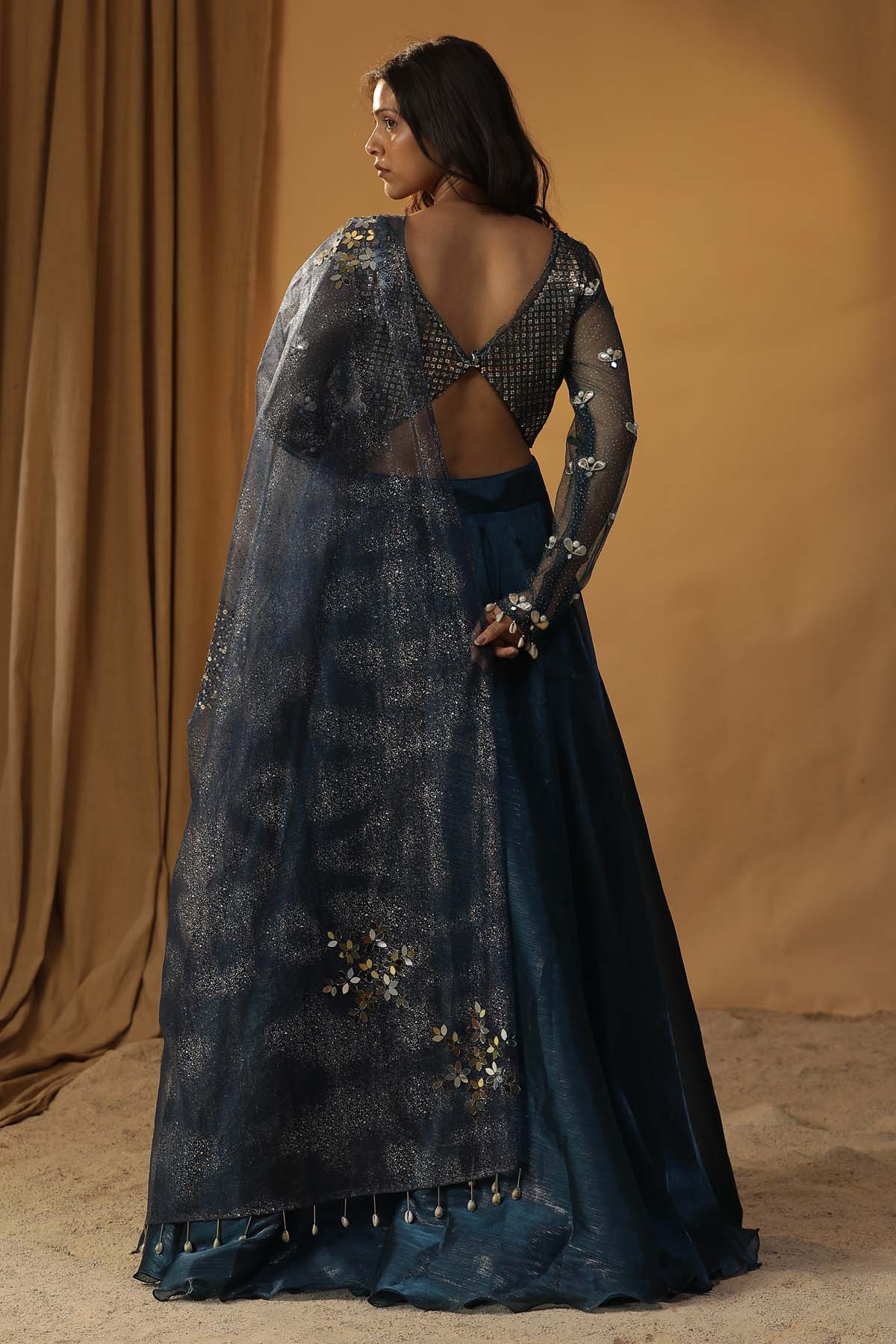 Navy Blue Organza Lehenga Set