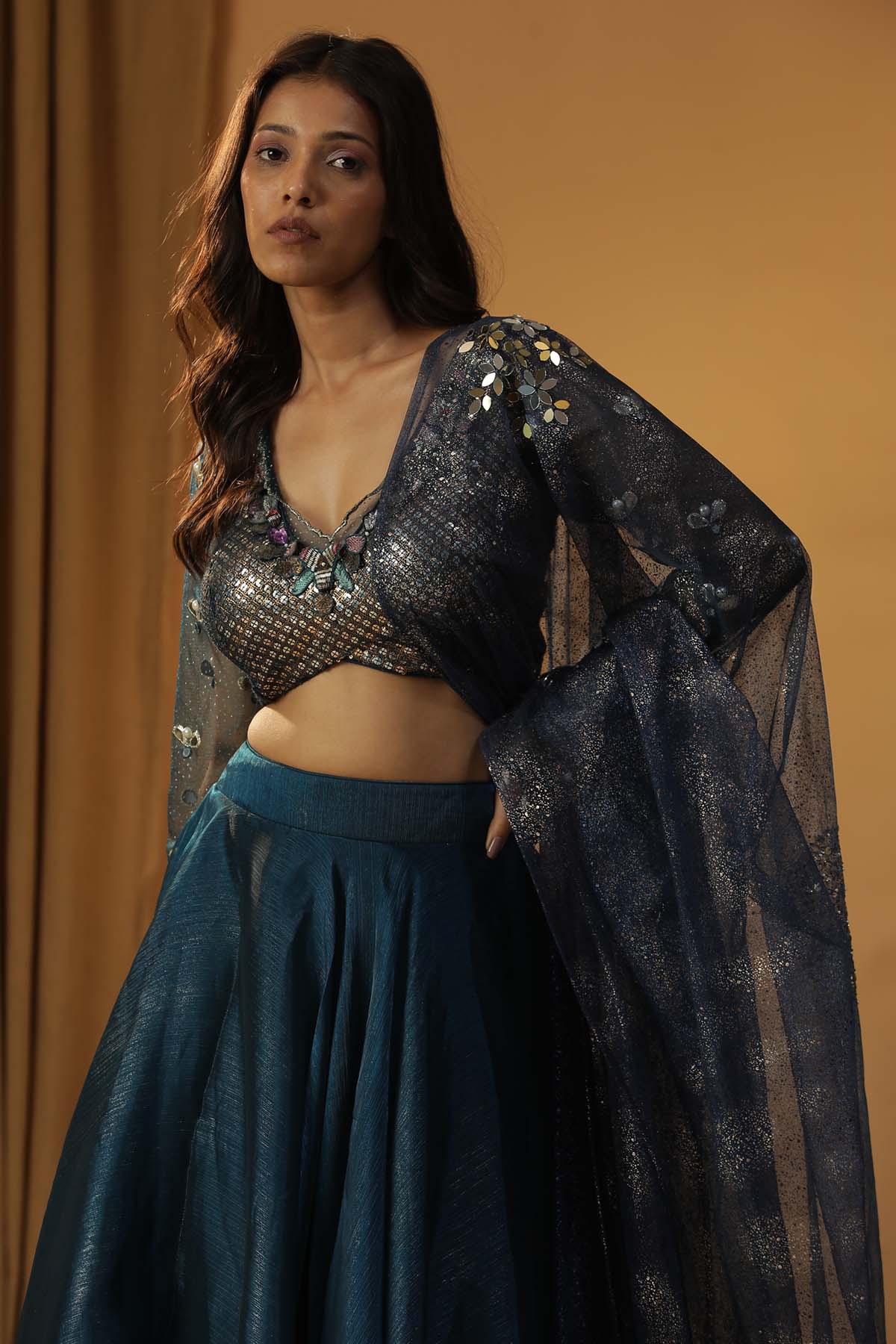 Navy Blue Organza Lehenga Set