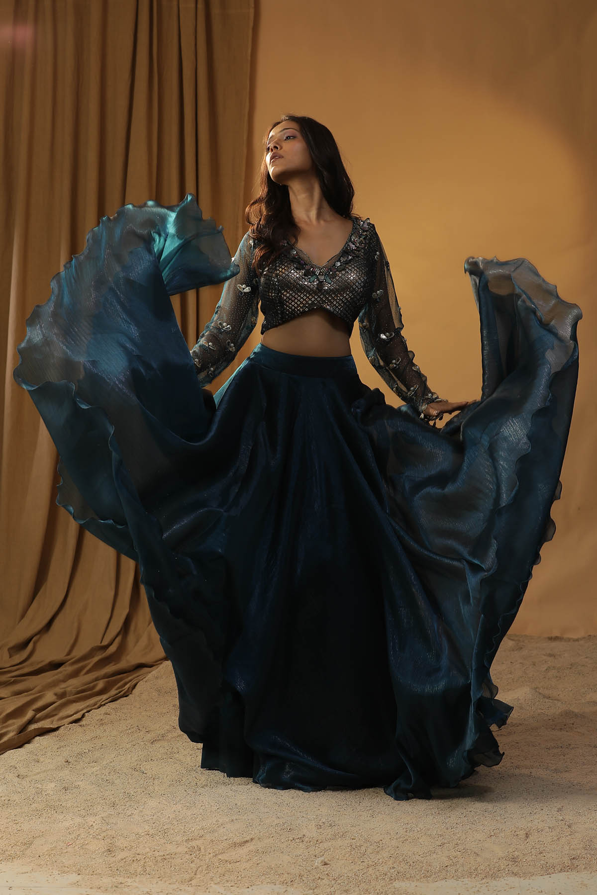 Navy Blue Organza Lehenga Set