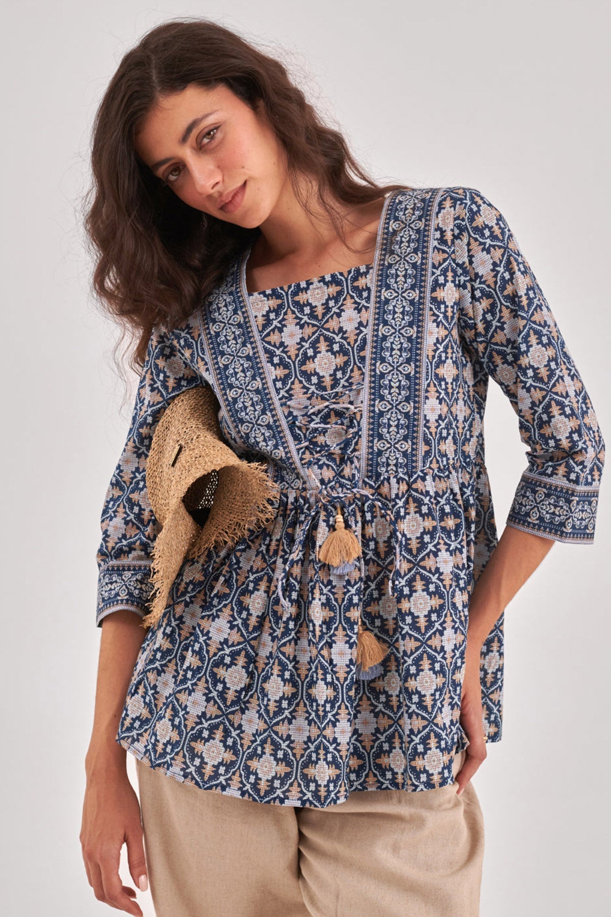 Buy Navy Blue Printed Tie Up Top for Women by Qomn Designer online available at scrollnshops