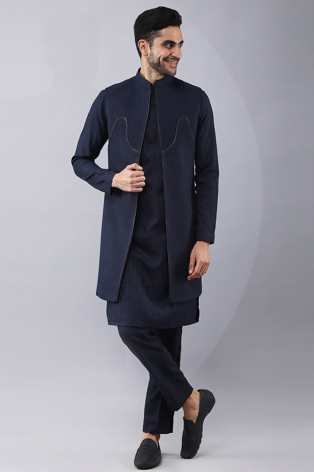 Buy Navy Blue Ruby Silk Jacket Set by Manish Nagdeo for Men online at ScrollnShops