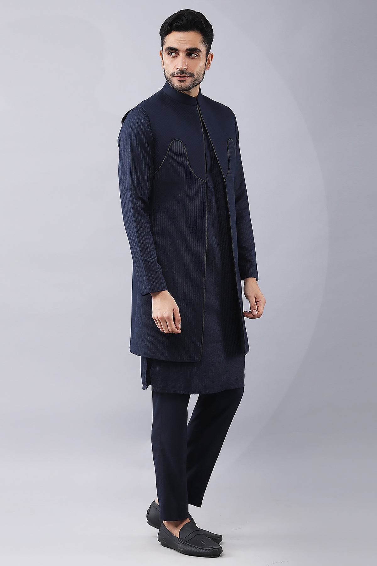 Navy Blue Ruby Silk Jacket Set