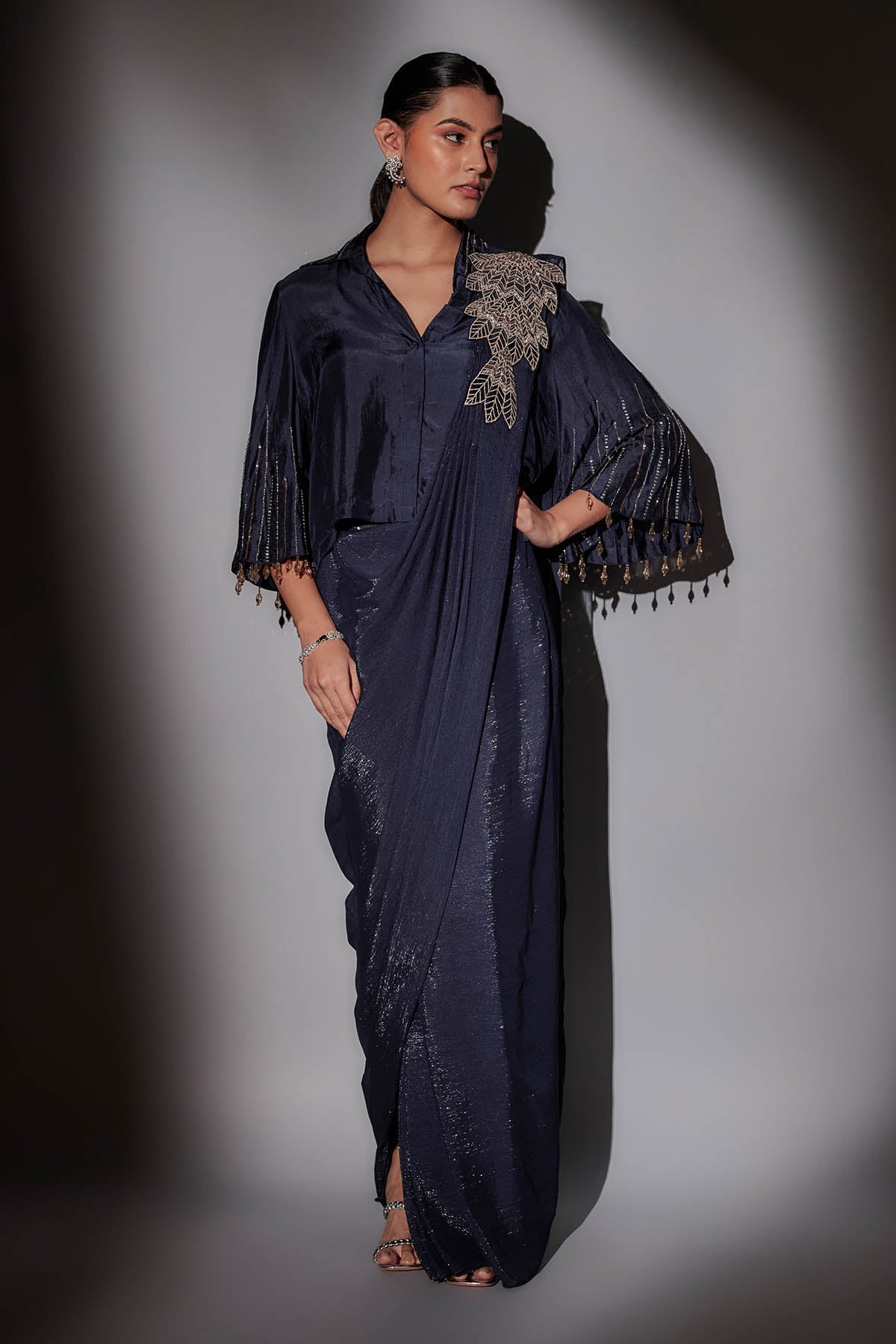 Buy Navy Blue Saree & Shirt Blouse by Ajiesh Oberoi for women online at ScrollnShops