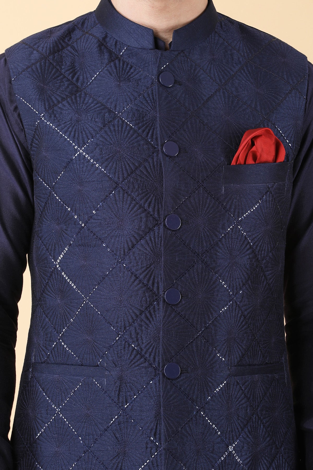 Navy Blue Sequins Work Bundi Set