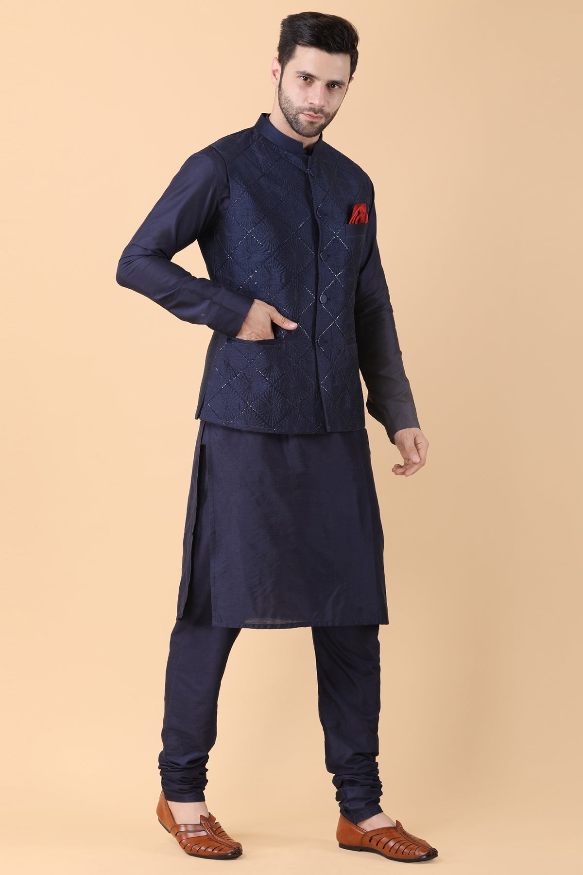 Navy Blue Sequins Work Bundi Set