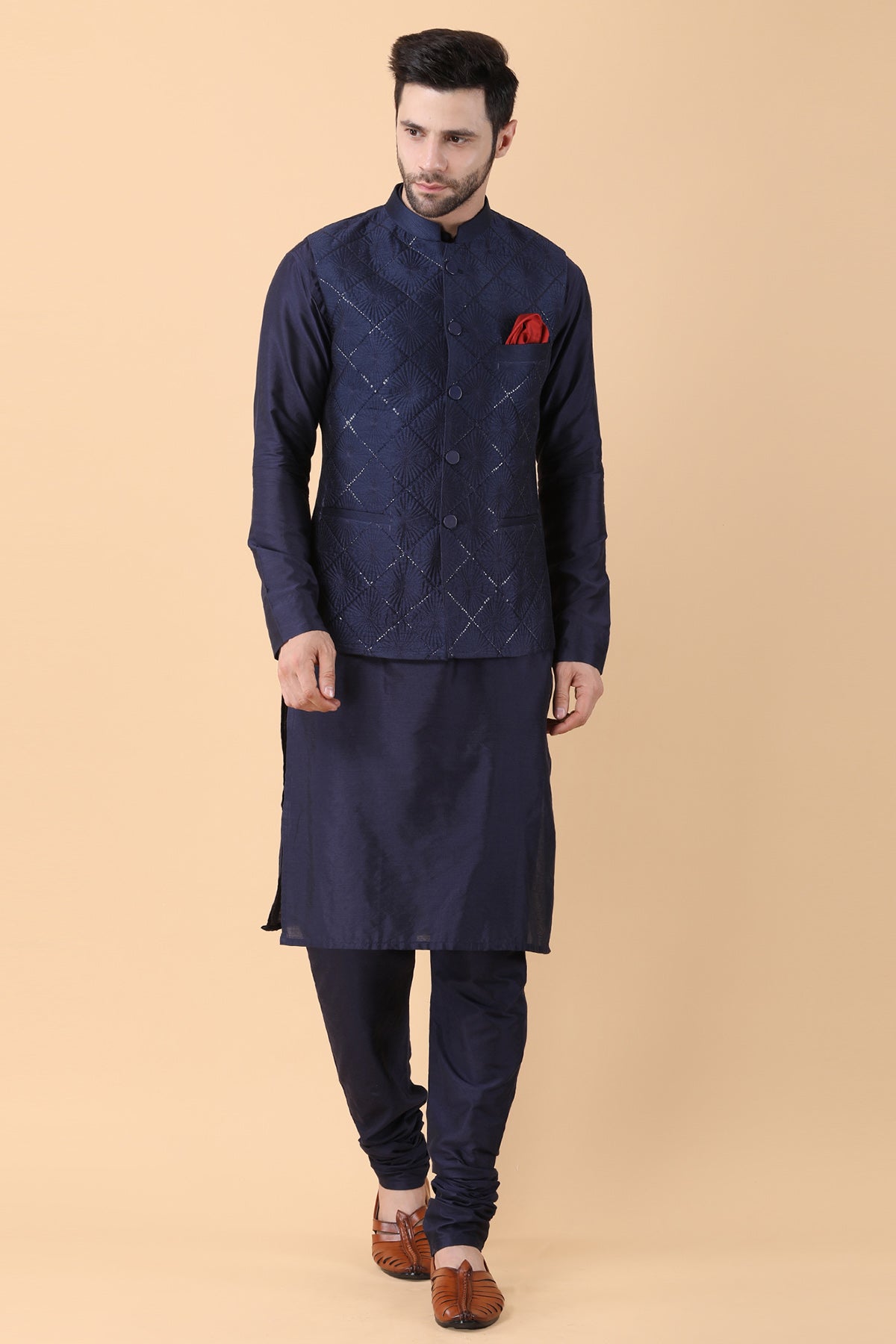 Buy Navy Blue Sequins Work Bundi Set by Manish Nagdeo for Men online at ScrollnShops