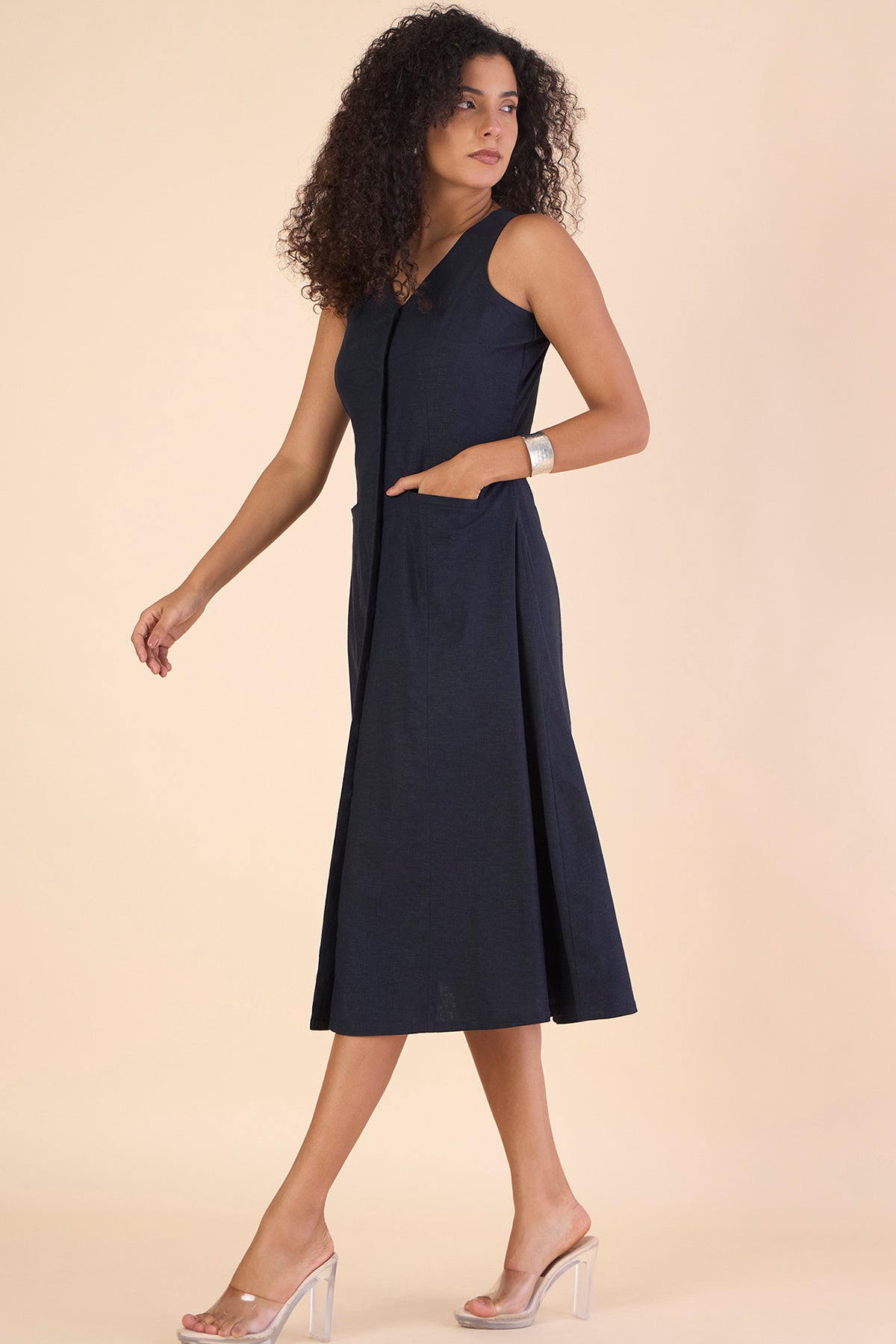 Navy Blue Sleeveless Midi Dress
