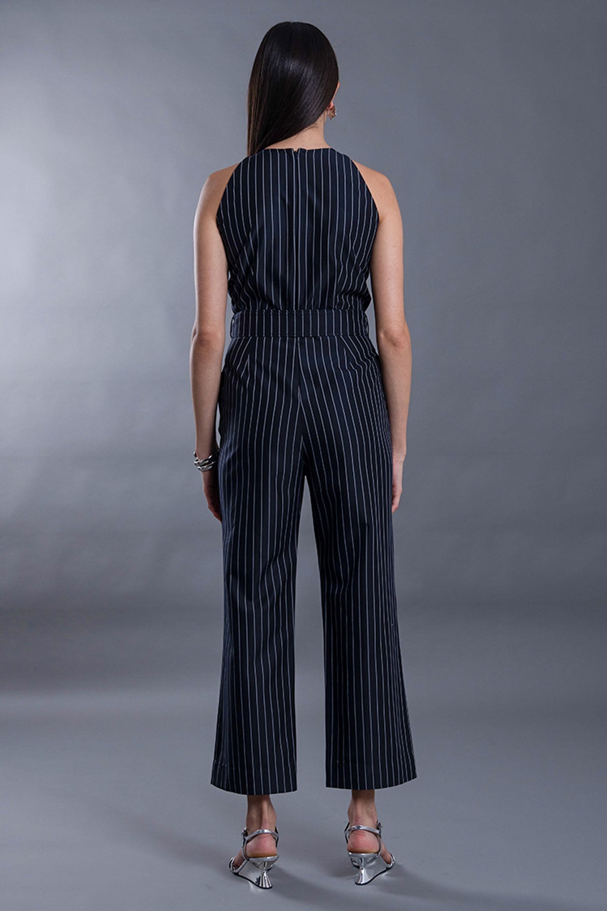 Navy Blue Stripe Belt Jumpsuit